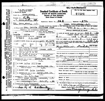 Wise, Hattie Elizabeth Williams, Orangeburg Co, SC.jpg