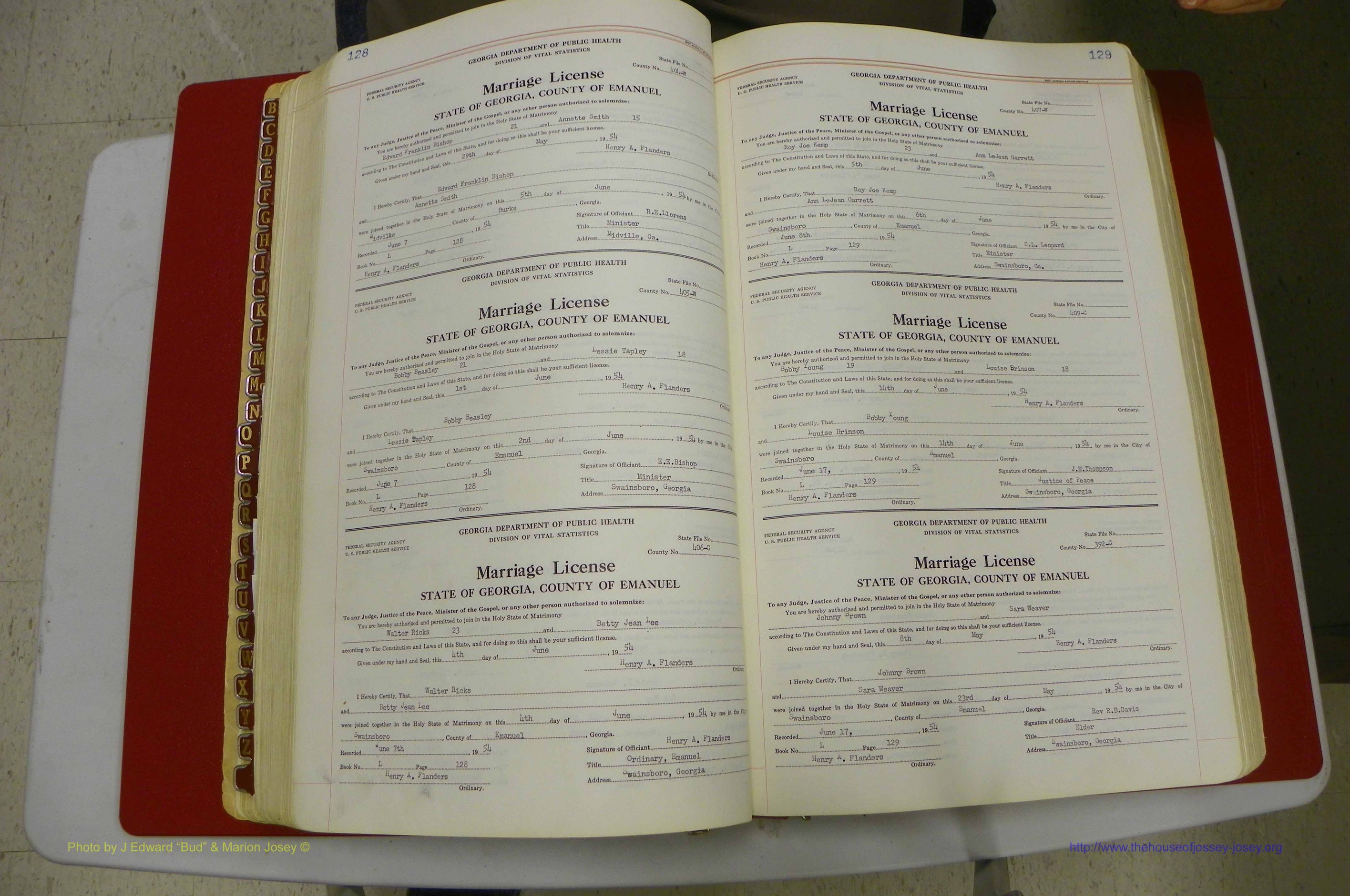 Emanuel Co, GA, Marriages Book L, 1952 - 1962, P 128-129.JPG