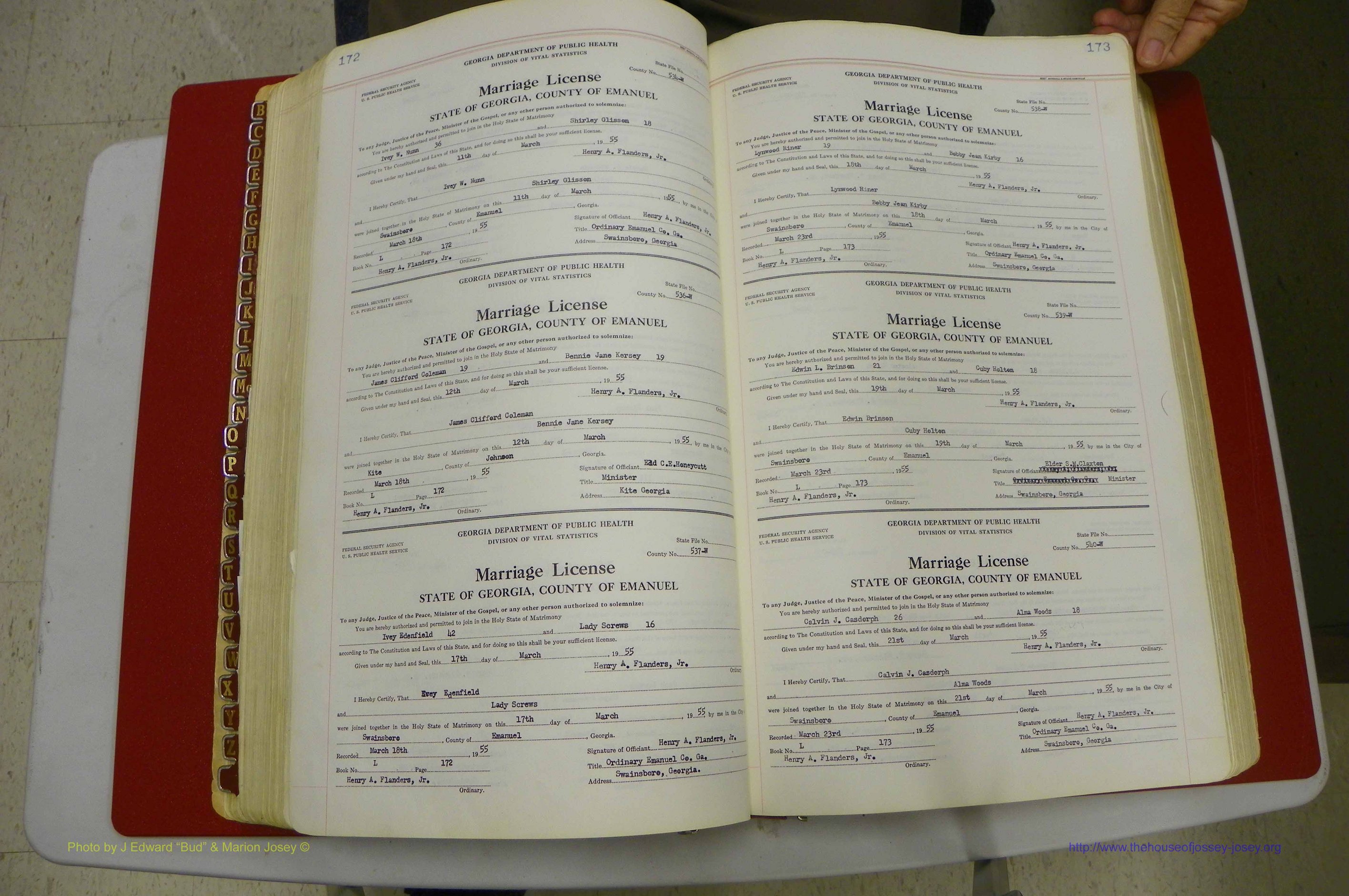 Emanuel Co, GA, Marriages Book L, 1952 - 1962, P 172-173.JPG