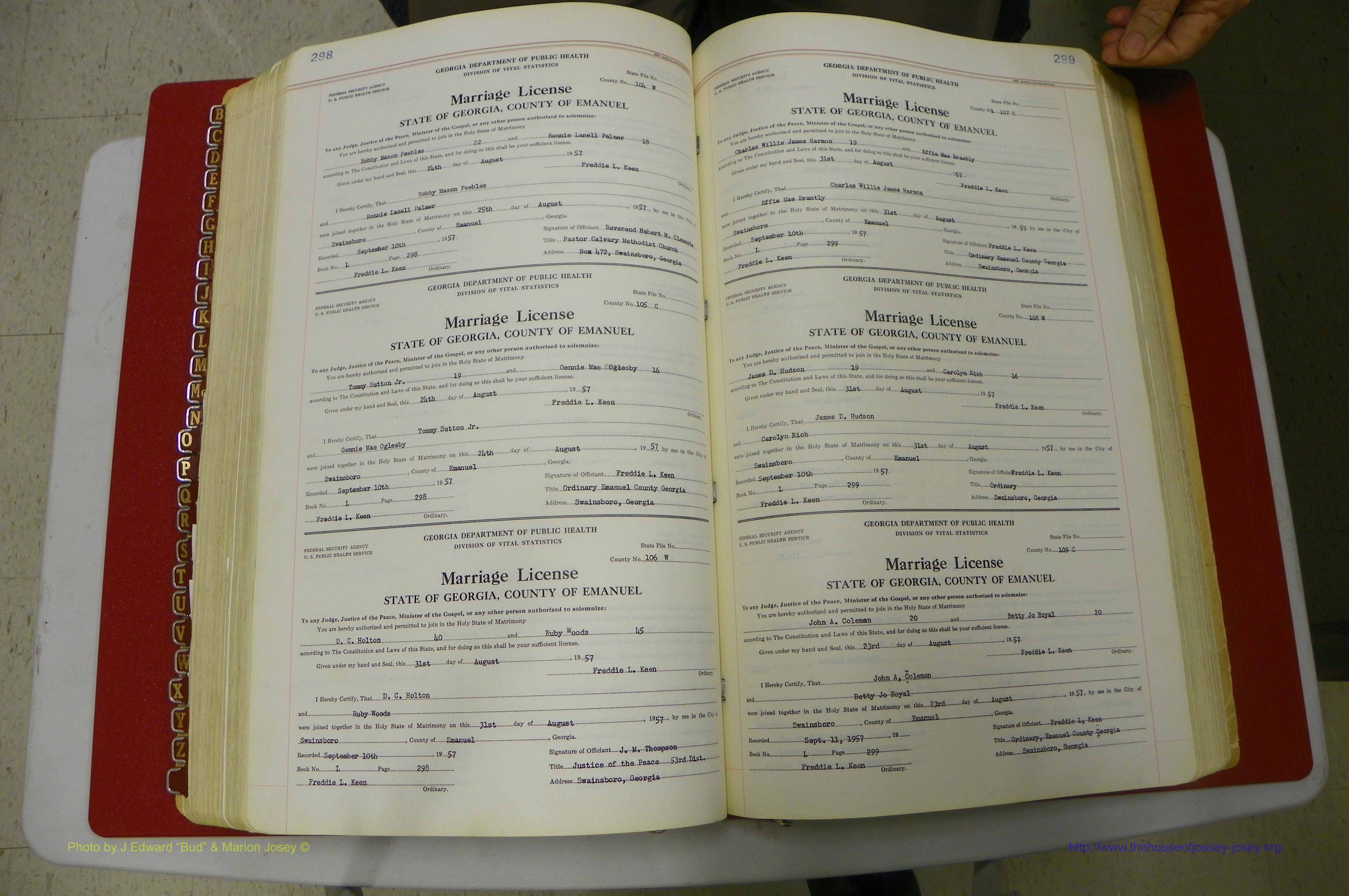 Emanuel Co, GA, Marriages Book L, 1952 - 1962, P 298-299.JPG