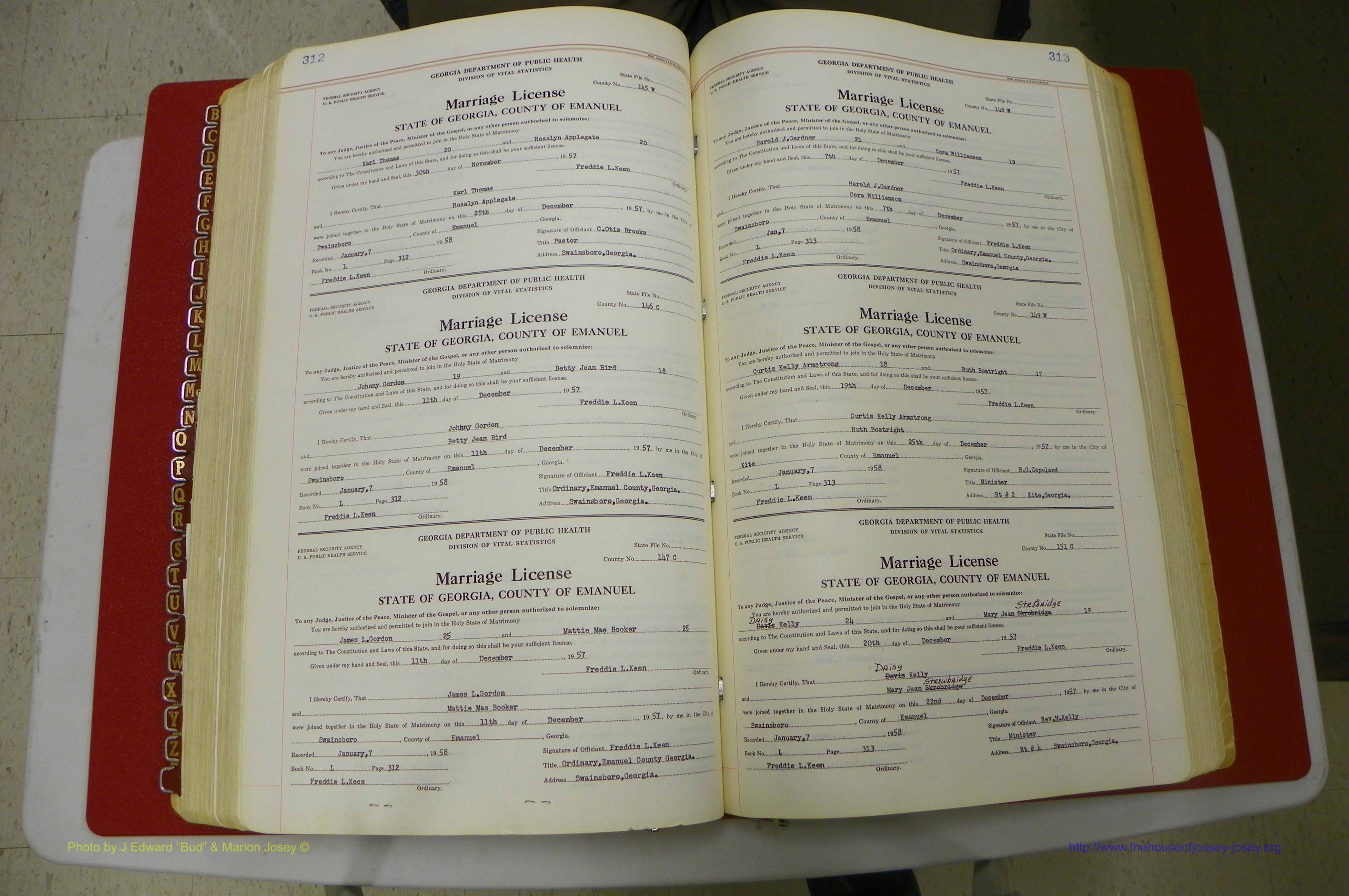 Emanuel Co, GA, Marriages Book L, 1952 - 1962, P 312-313.JPG