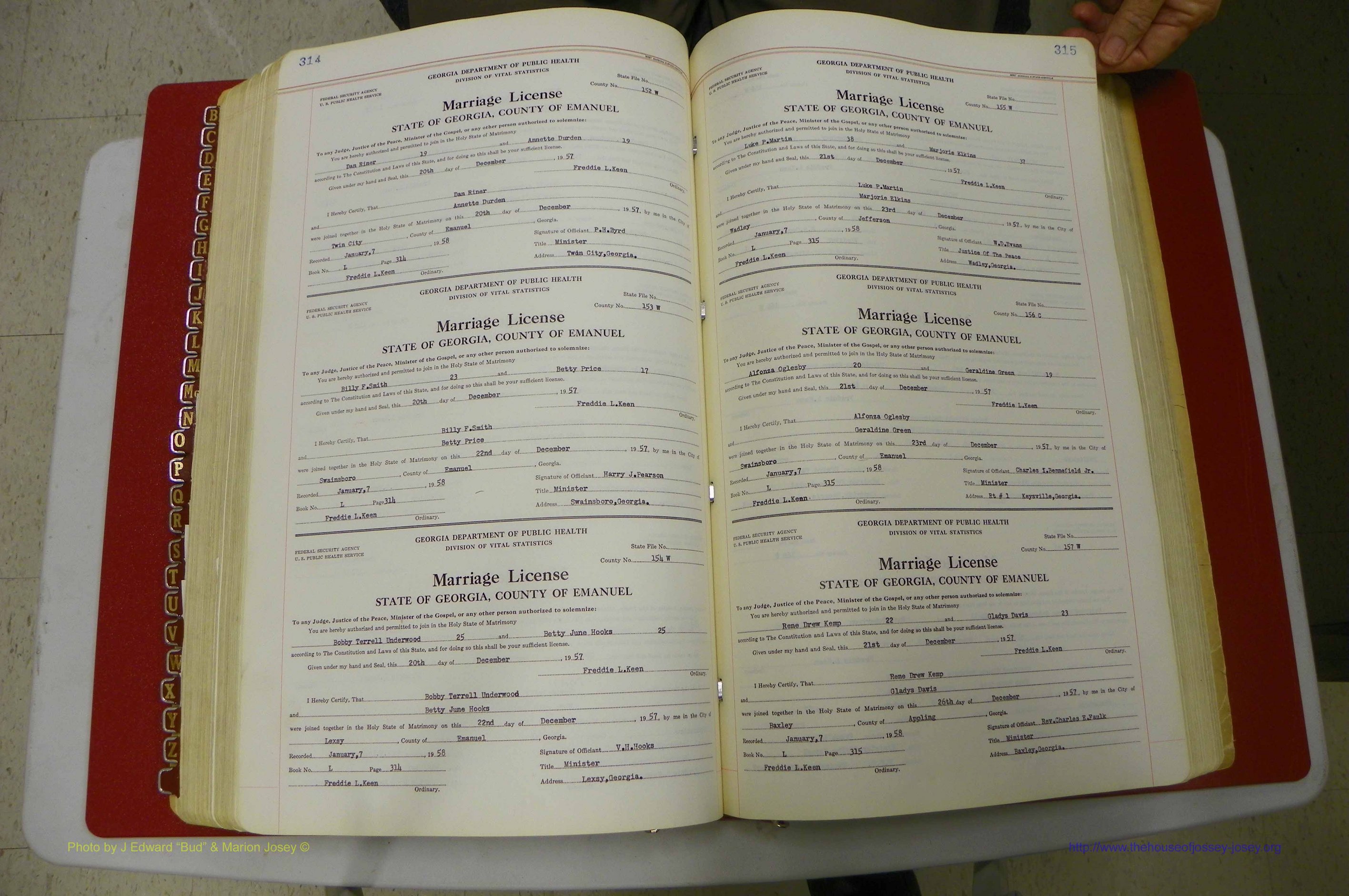 Emanuel Co, GA, Marriages Book L, 1952 - 1962, P 314-315.JPG