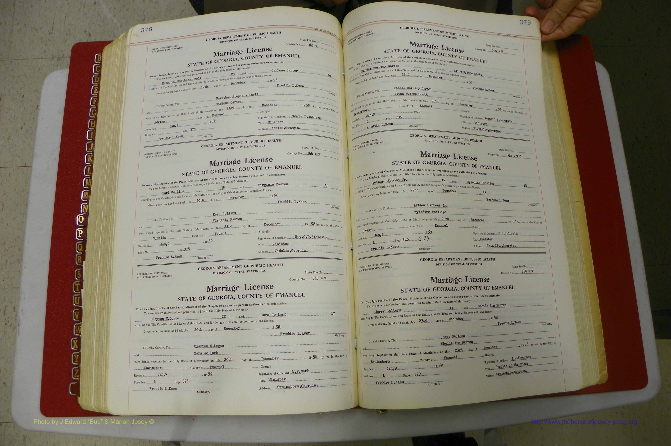 Emanuel Co, GA, Marriages Book L, 1952 - 1962, P 378-379.JPG
