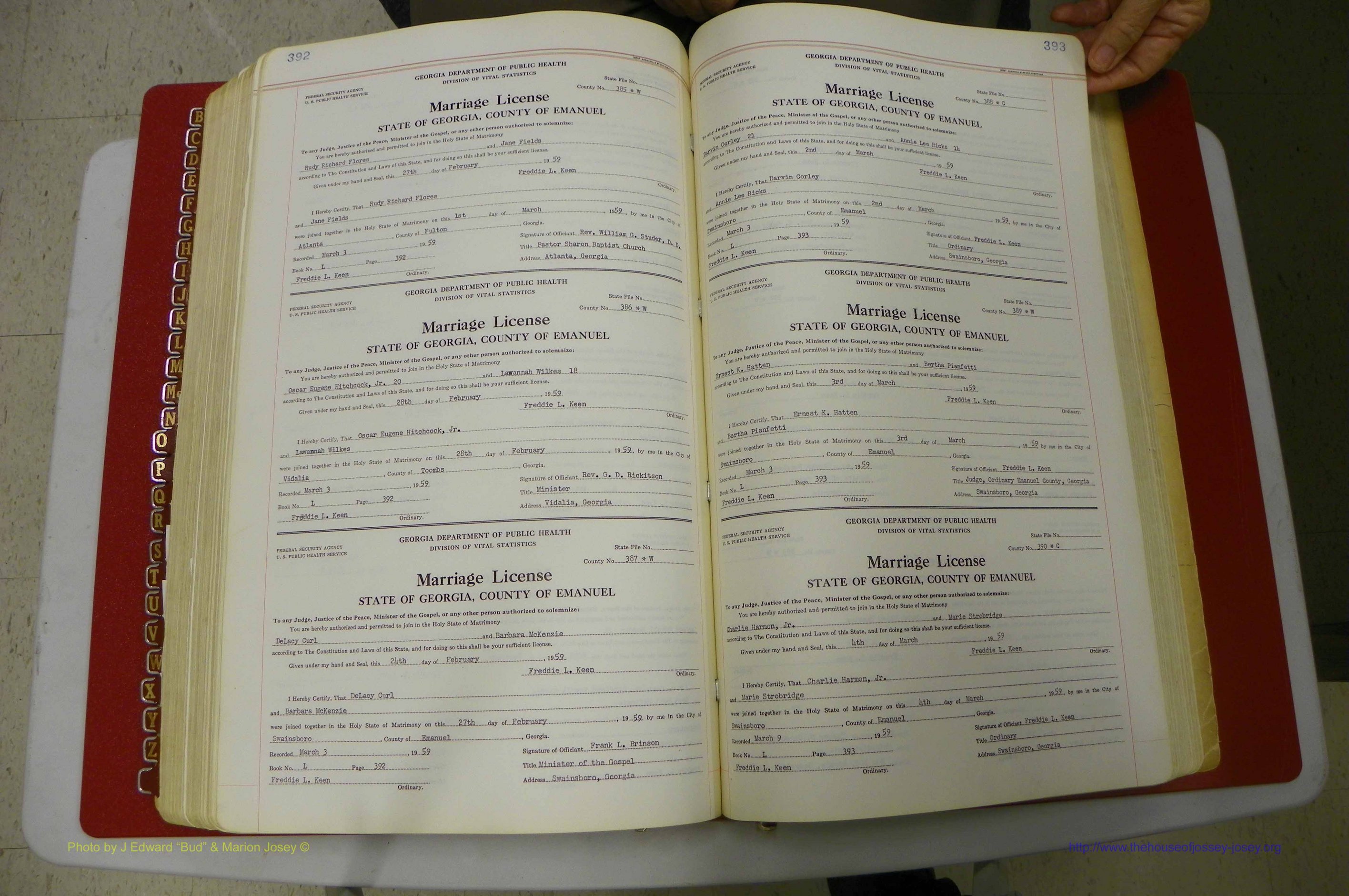 Emanuel Co, GA, Marriages Book L, 1952 - 1962, P 392-393.JPG