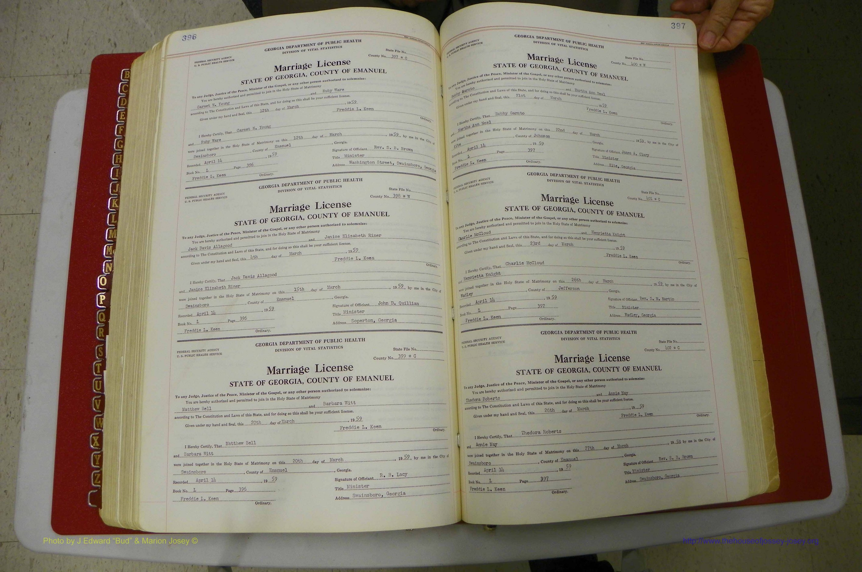 Emanuel Co, GA, Marriages Book L, 1952 - 1962, P 396-397.JPG