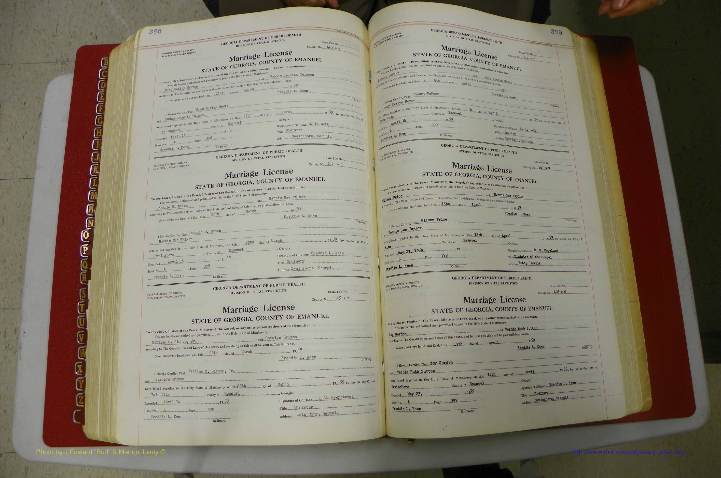Emanuel Co, GA, Marriages Book L, 1952 - 1962, P 398-399.JPG