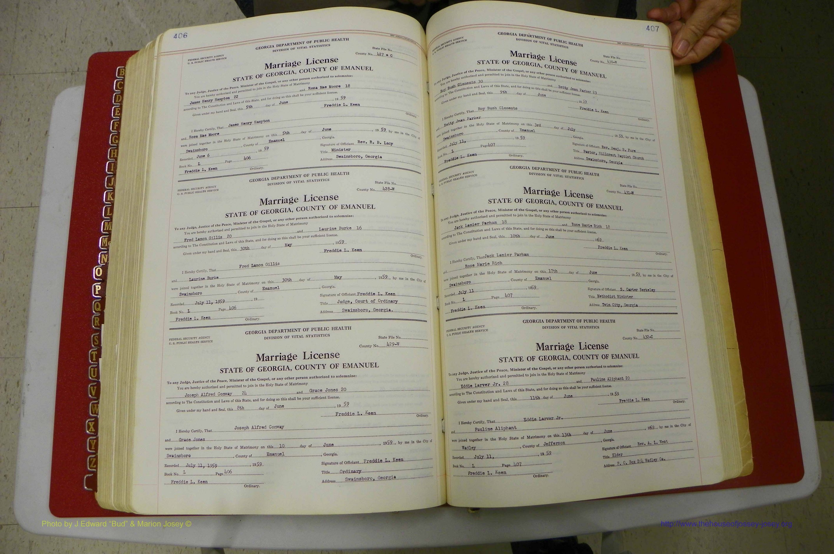 Emanuel Co, GA, Marriages Book L, 1952 - 1962, P 406-407.JPG