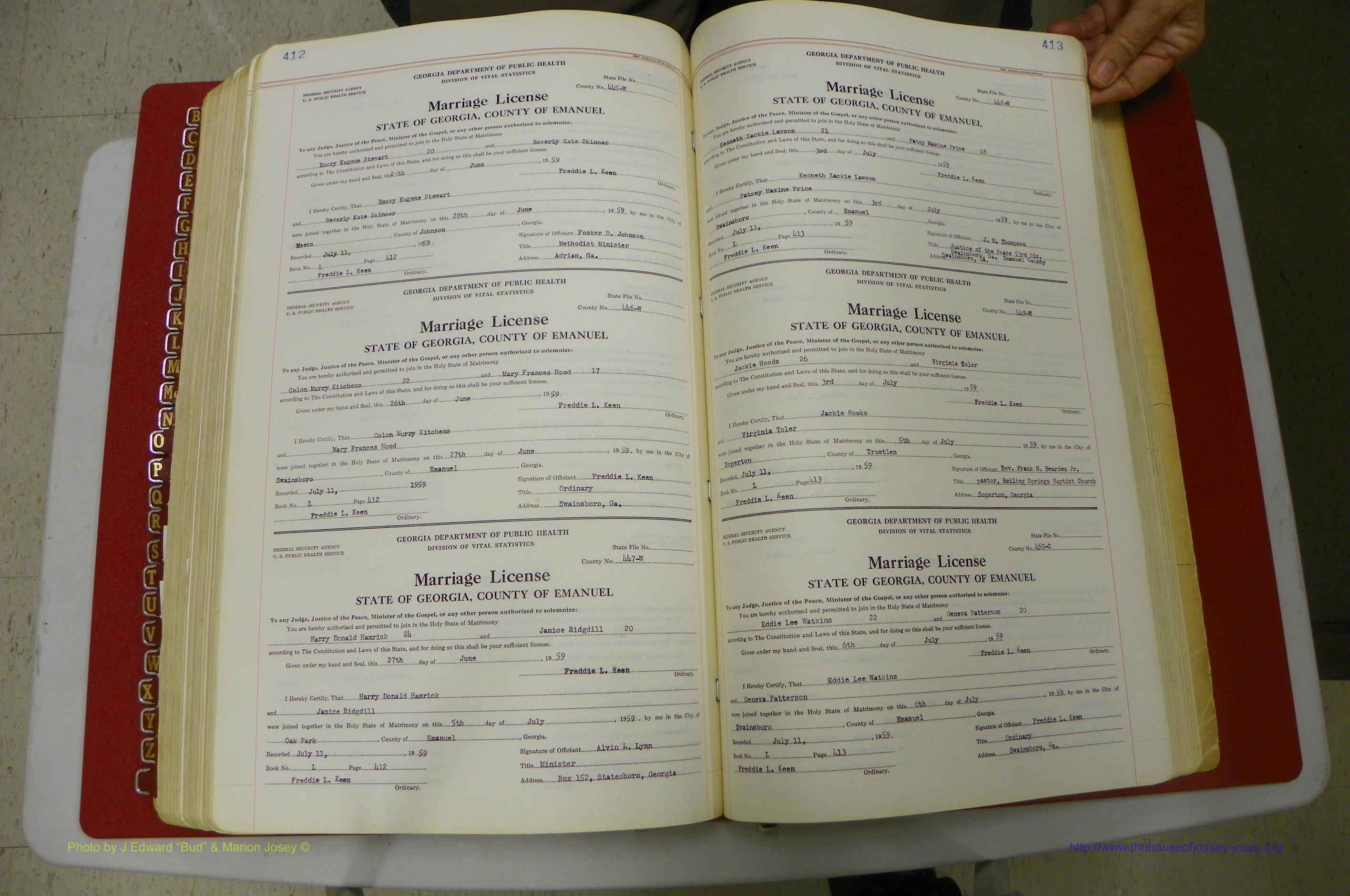 Emanuel Co, GA, Marriages Book L, 1952 - 1962, P 412-413.JPG