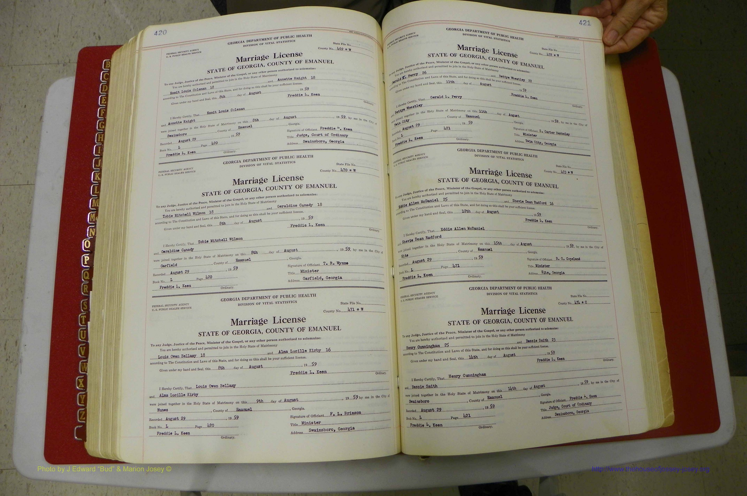 Emanuel Co, GA, Marriages Book L, 1952 - 1962, P 420-421.JPG