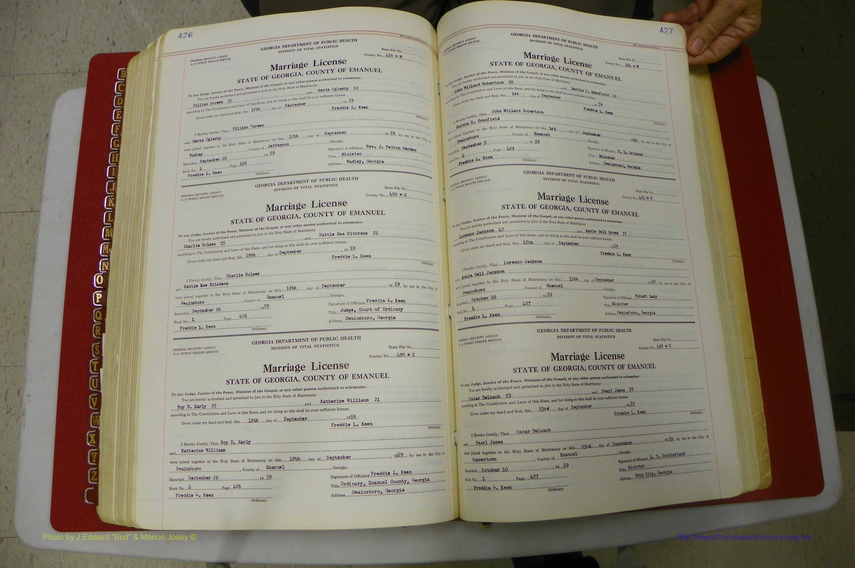 Emanuel Co, GA, Marriages Book L, 1952 - 1962, P 426-427.JPG