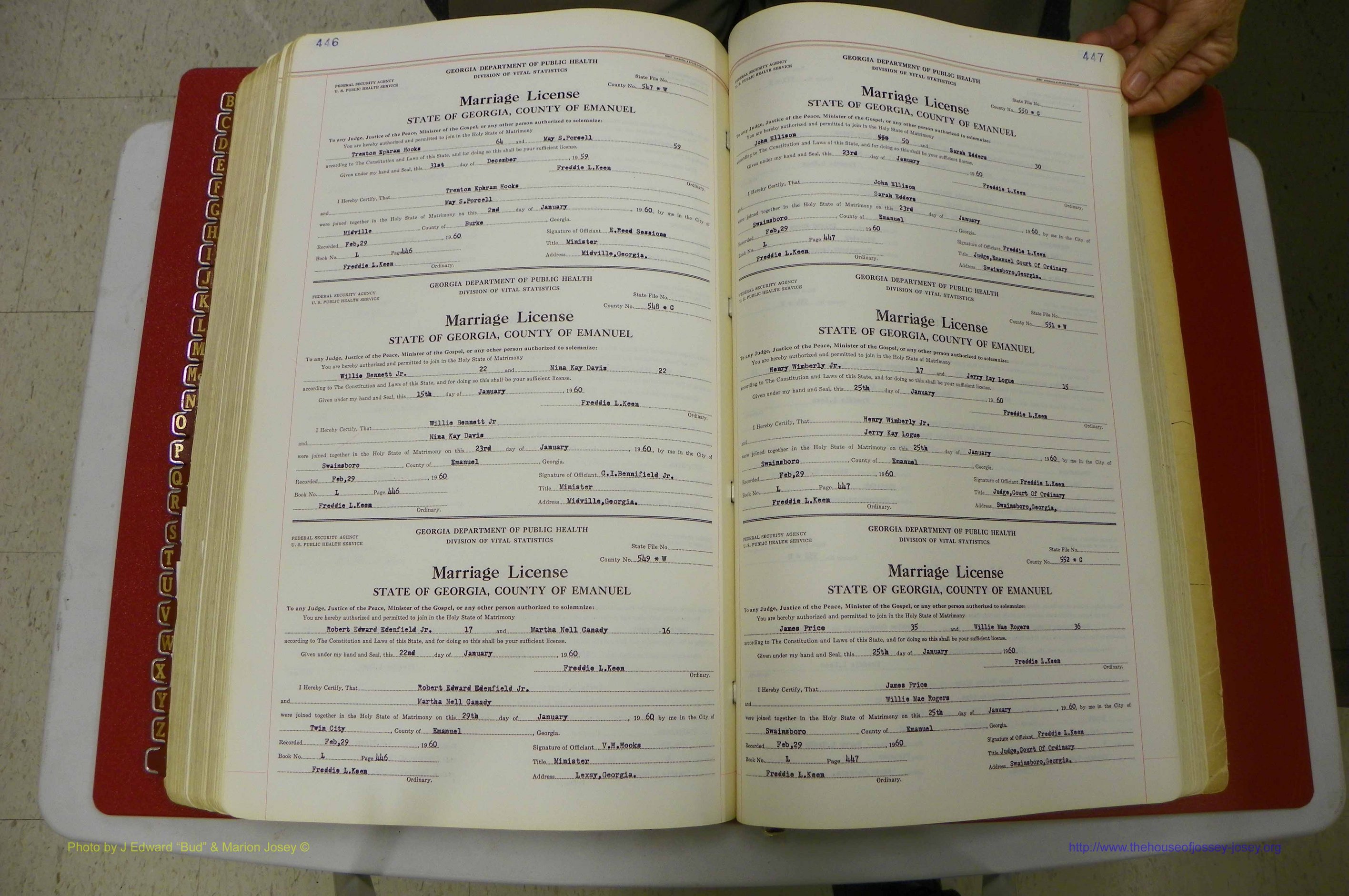 Emanuel Co, GA, Marriages Book L, 1952 - 1962, P 446-447.JPG