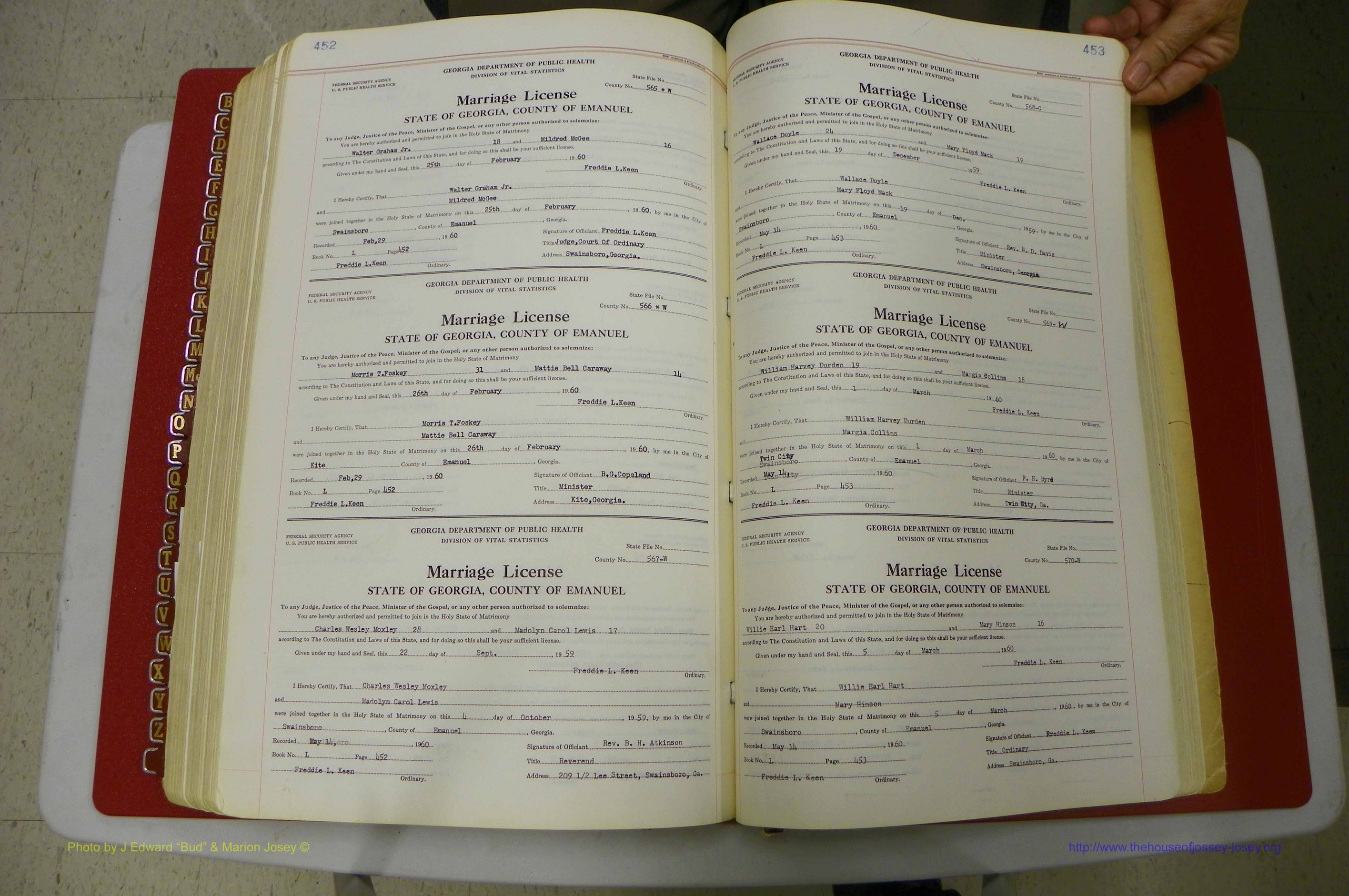 Emanuel Co, GA, Marriages Book L, 1952 - 1962, P 452-453.JPG