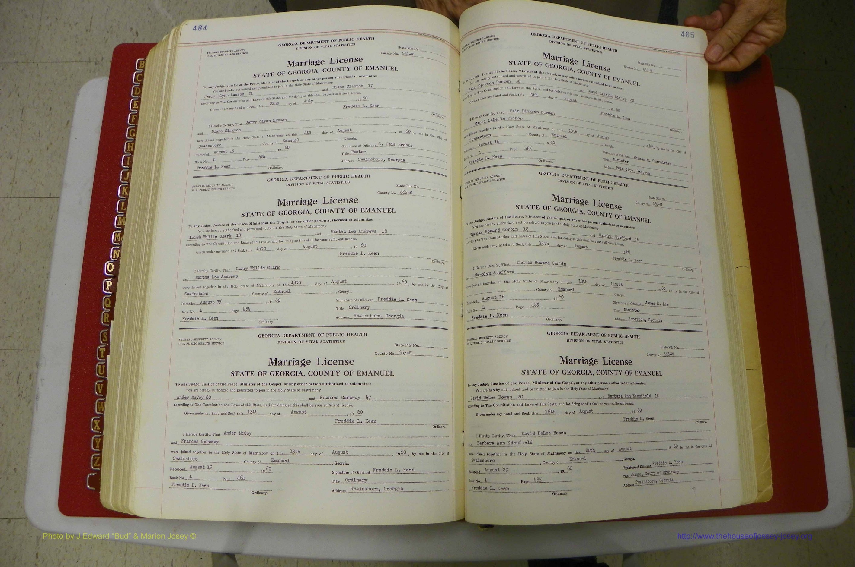 Emanuel Co, GA, Marriages Book L, 1952 - 1962, P 484-485.JPG