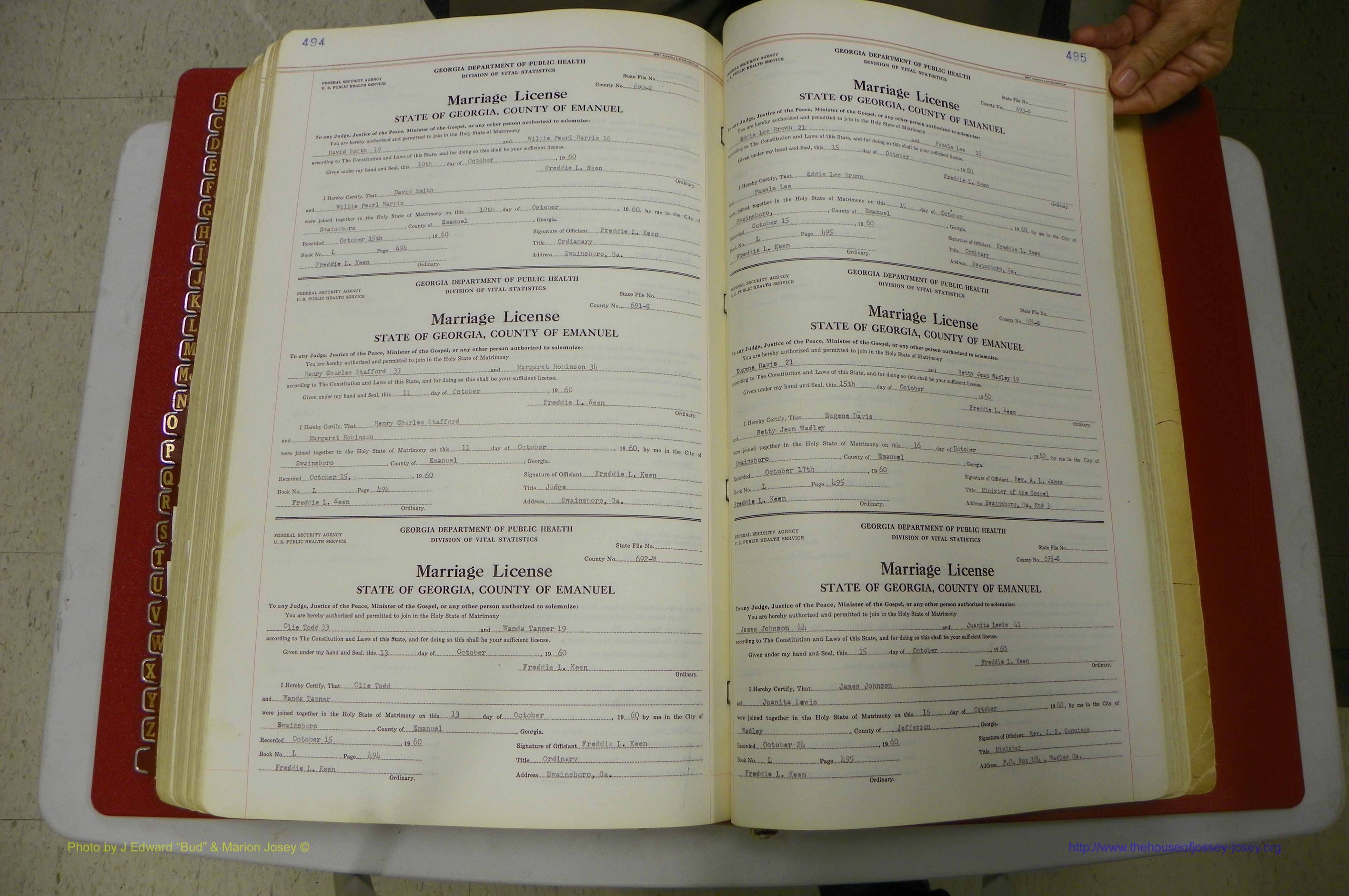 Emanuel Co, GA, Marriages Book L, 1952 - 1962, P 494-495.JPG