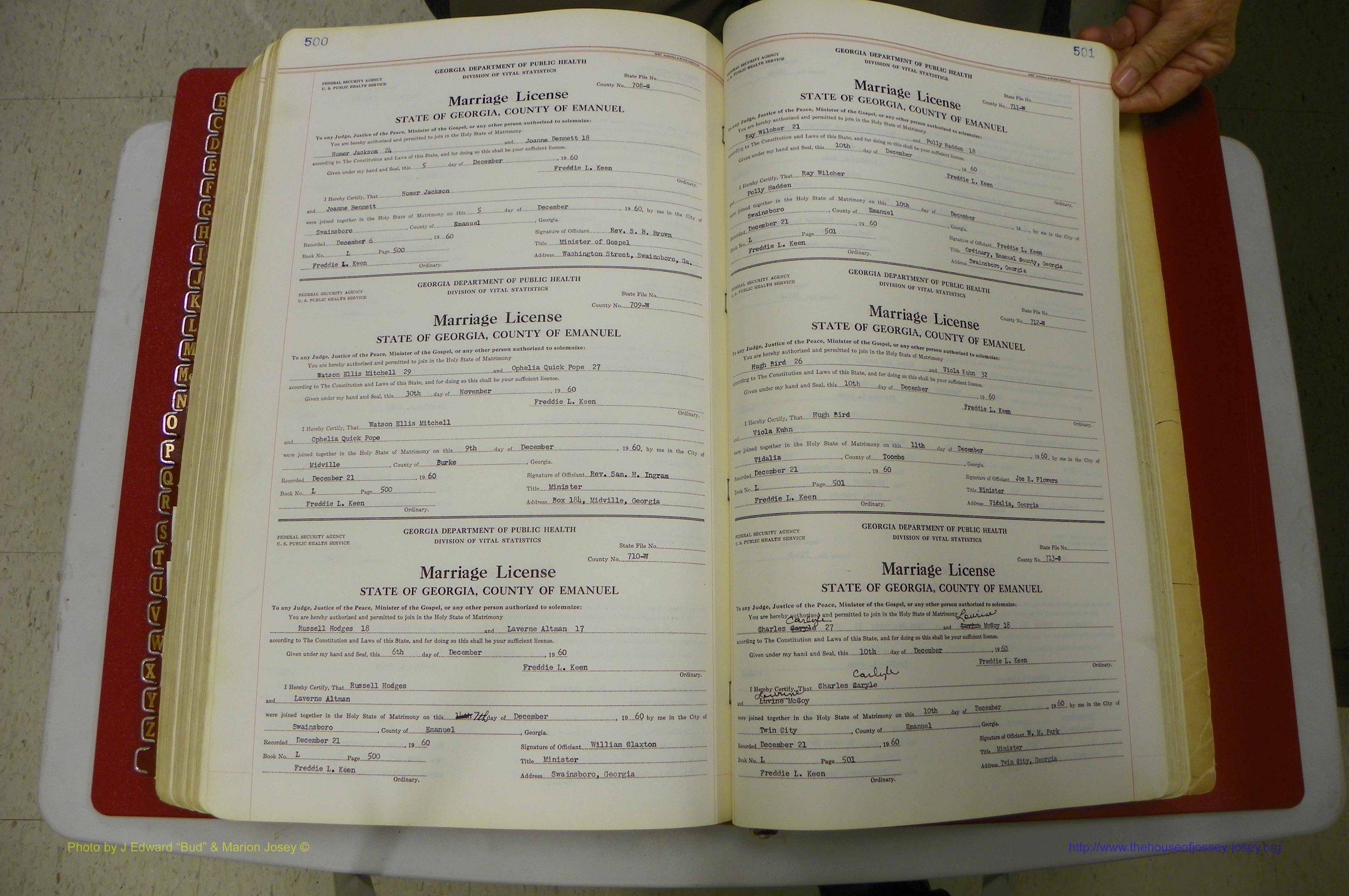 Emanuel Co, GA, Marriages Book L, 1952 - 1962, P 500-501.JPG