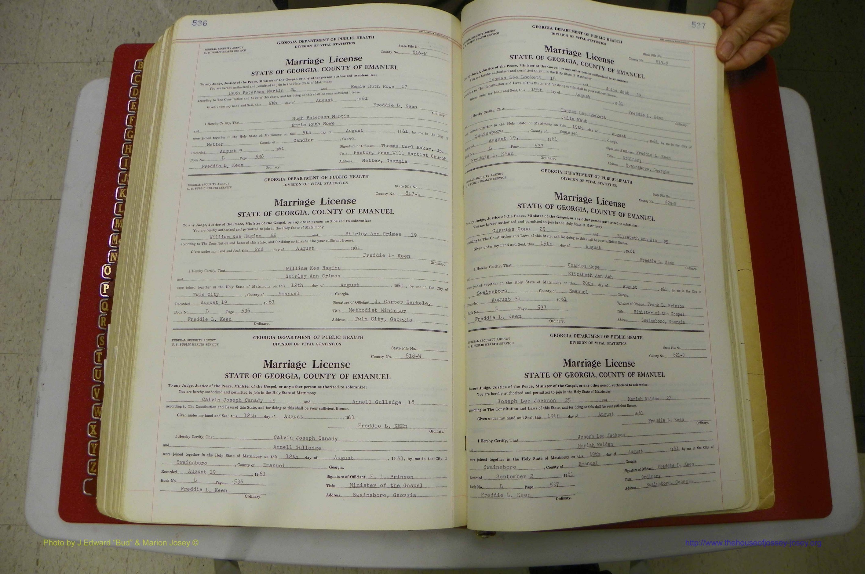 Emanuel Co, GA, Marriages Book L, 1952 - 1962, P 536-537.JPG