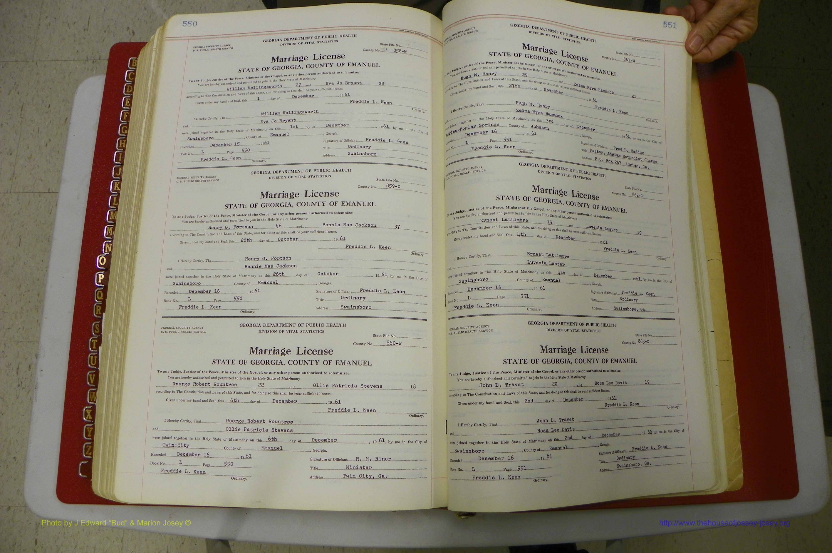 Emanuel Co, GA, Marriages Book L, 1952 - 1962, P 550-551.JPG