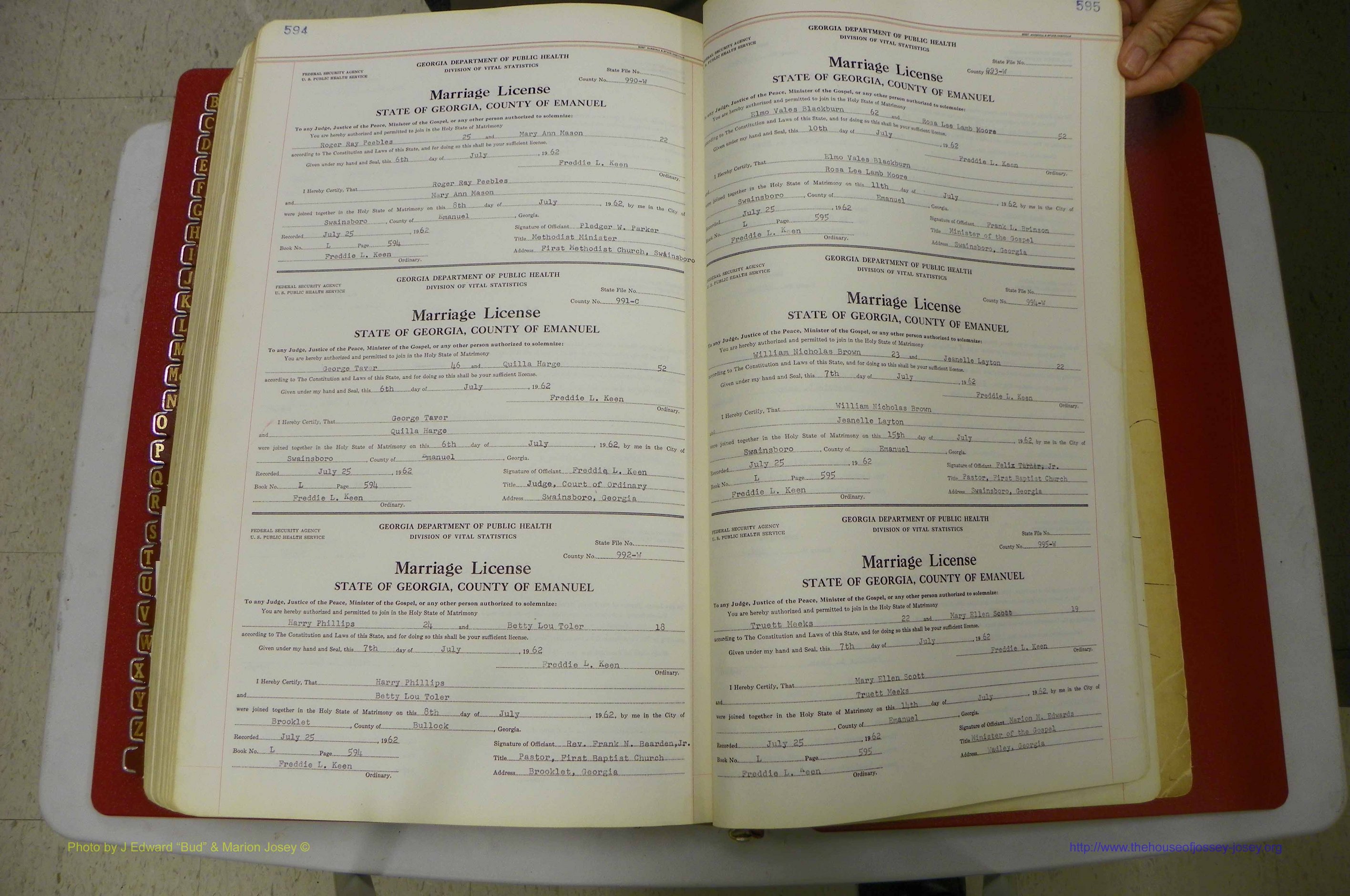 Emanuel Co, GA, Marriages Book L, 1952 - 1962, P 594-595.JPG