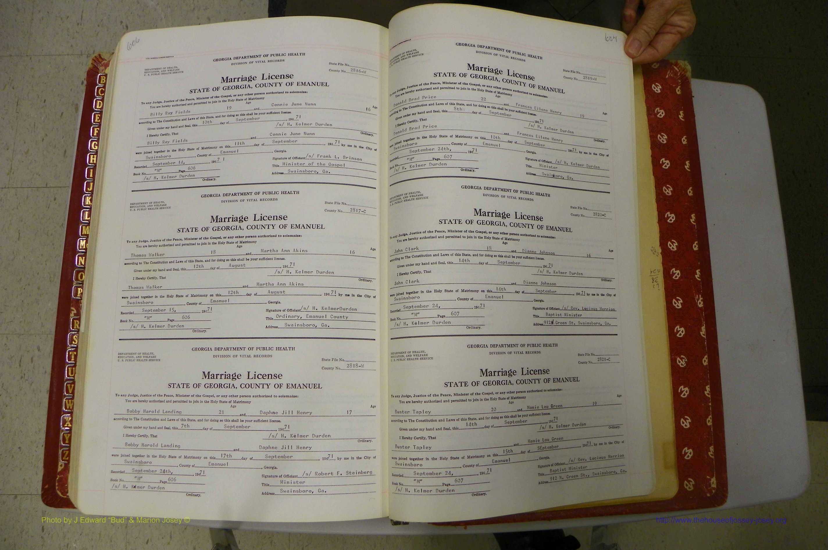 Emanuel Co, GA, Marriages Book M, 1962 - 1974, P 606-607.JPG