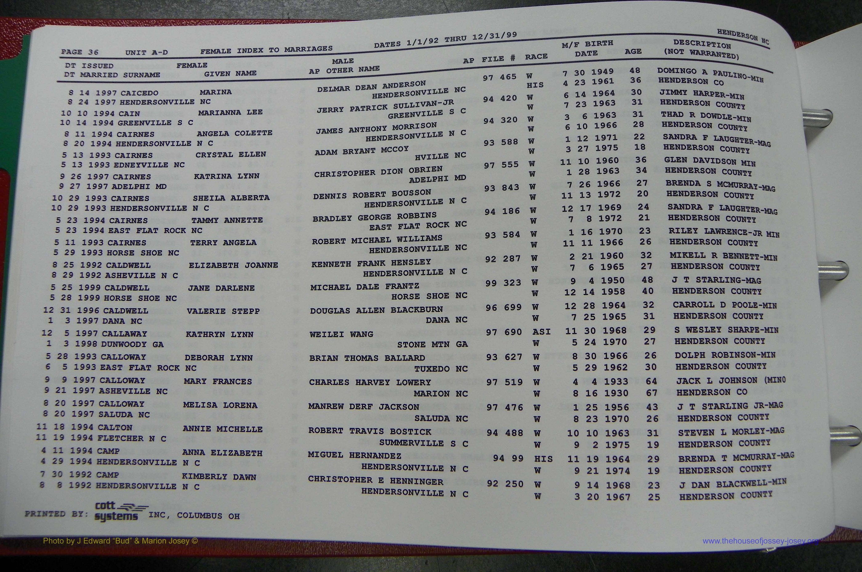 Henderson Co, NC, Marriages Female, 1992 - 1999, (043).JPG