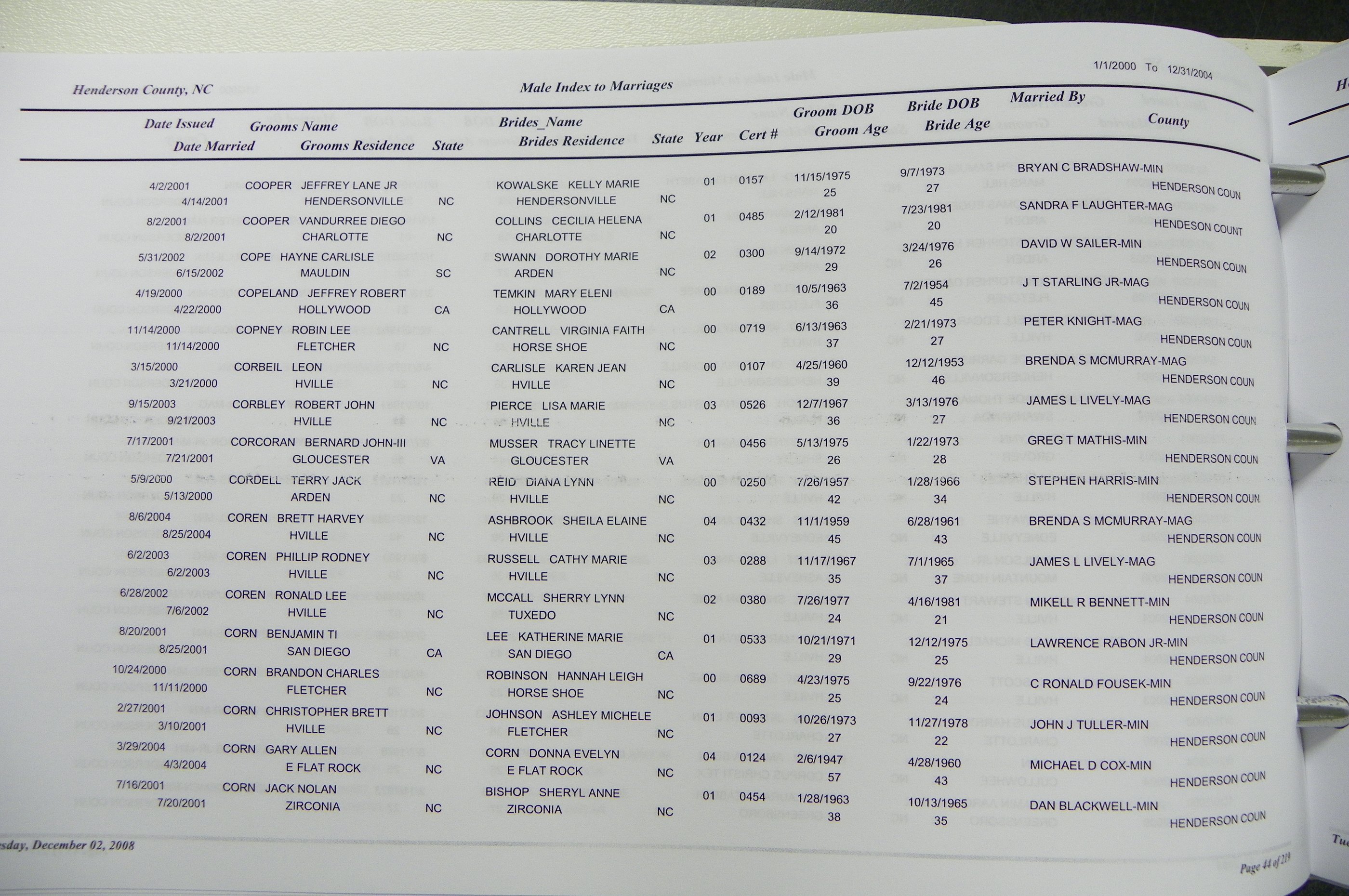 Henderson Co, NC, Marriages Male & Female, 2000 - 2004, (043).JPG