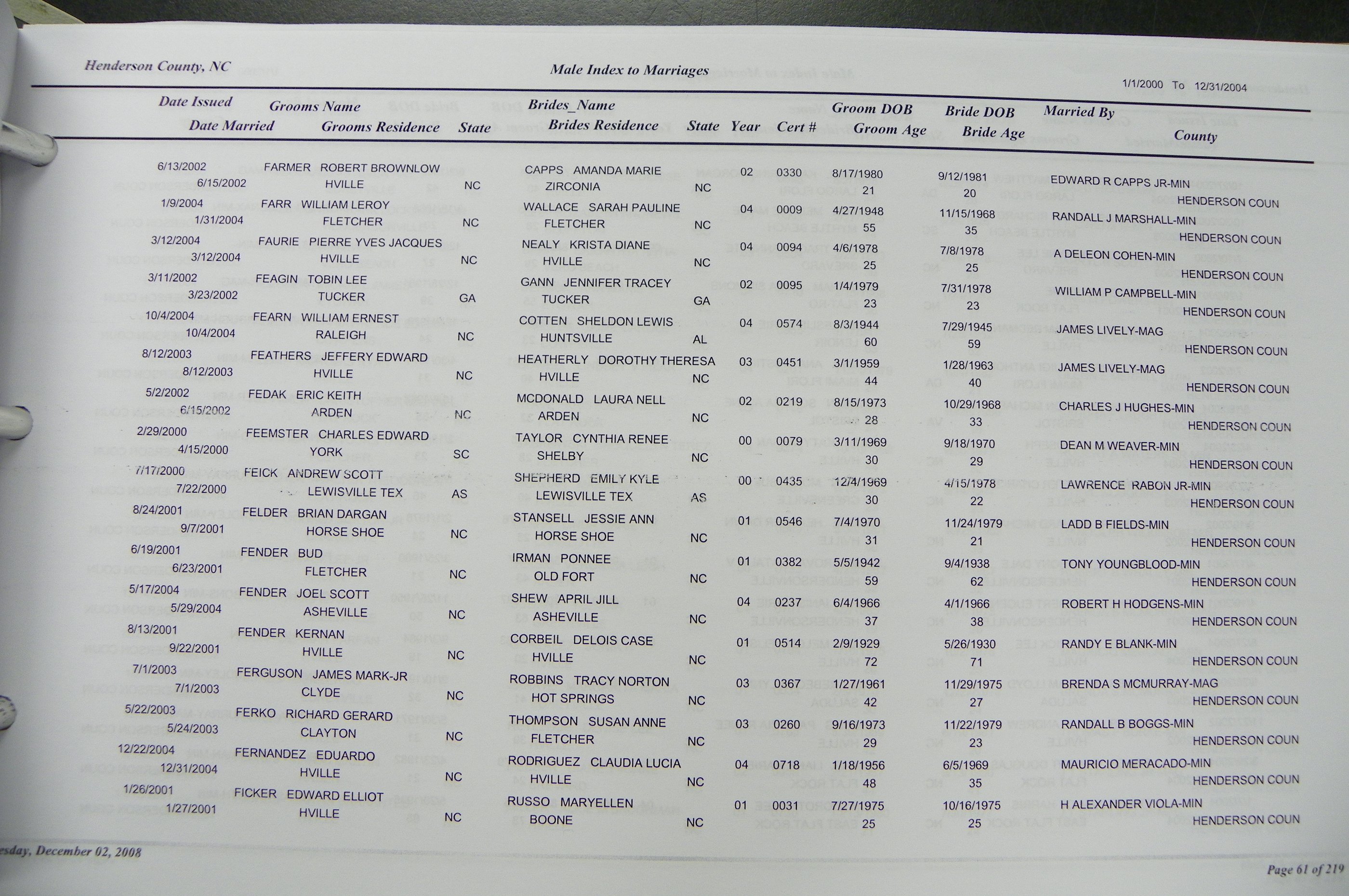 Henderson Co, NC, Marriages Male & Female, 2000 - 2004, (059).JPG