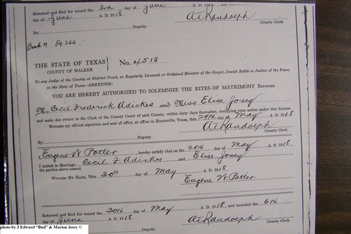 Adickes, Cecil Frederick to Elsie Josey, Walker Co, TX.JPG