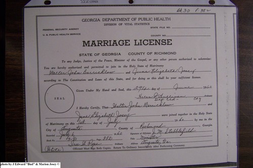 Barricklow, Walter John to June Elizabeth Josey, Richmond Co, GA.JPG