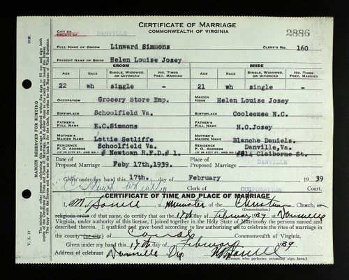 Simmons, Elwin Linward to Helen Louise Josey, Danville, VA.jpg