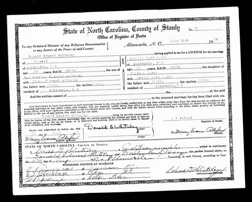 Whitley, Donald Edward to Carolyn Byrd Josey, Stanley Co, NC.jpg