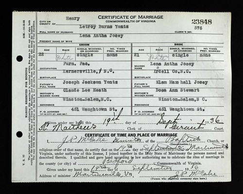 Yontz, Letroy Burns to Lena Antha Josey, Martinsville, VA.jpg