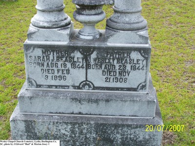 Beasley, James W & Sarah J Andrews, Wesley Chapel Cem, Darlington Co, SC.jpg