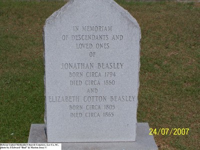 Beasley, Jonathan & Elizabeth Cotton, Hebron U M Church Cem, Lee Co, SC.jpg