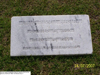 Beasley, Willis Russell, Hebron United Methodist Church Cem, Lee Co, SC.jpg