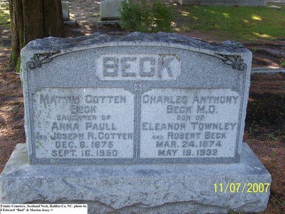 Beck, Charles Anthony & Mattie Cotten, Trinity Cem, Halifax Co, NC.jpg