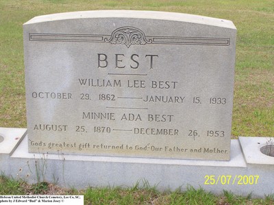 Best, William Lee & Minnie Ada, Hebron U M Church Cem, Lee Co, SC.jpg