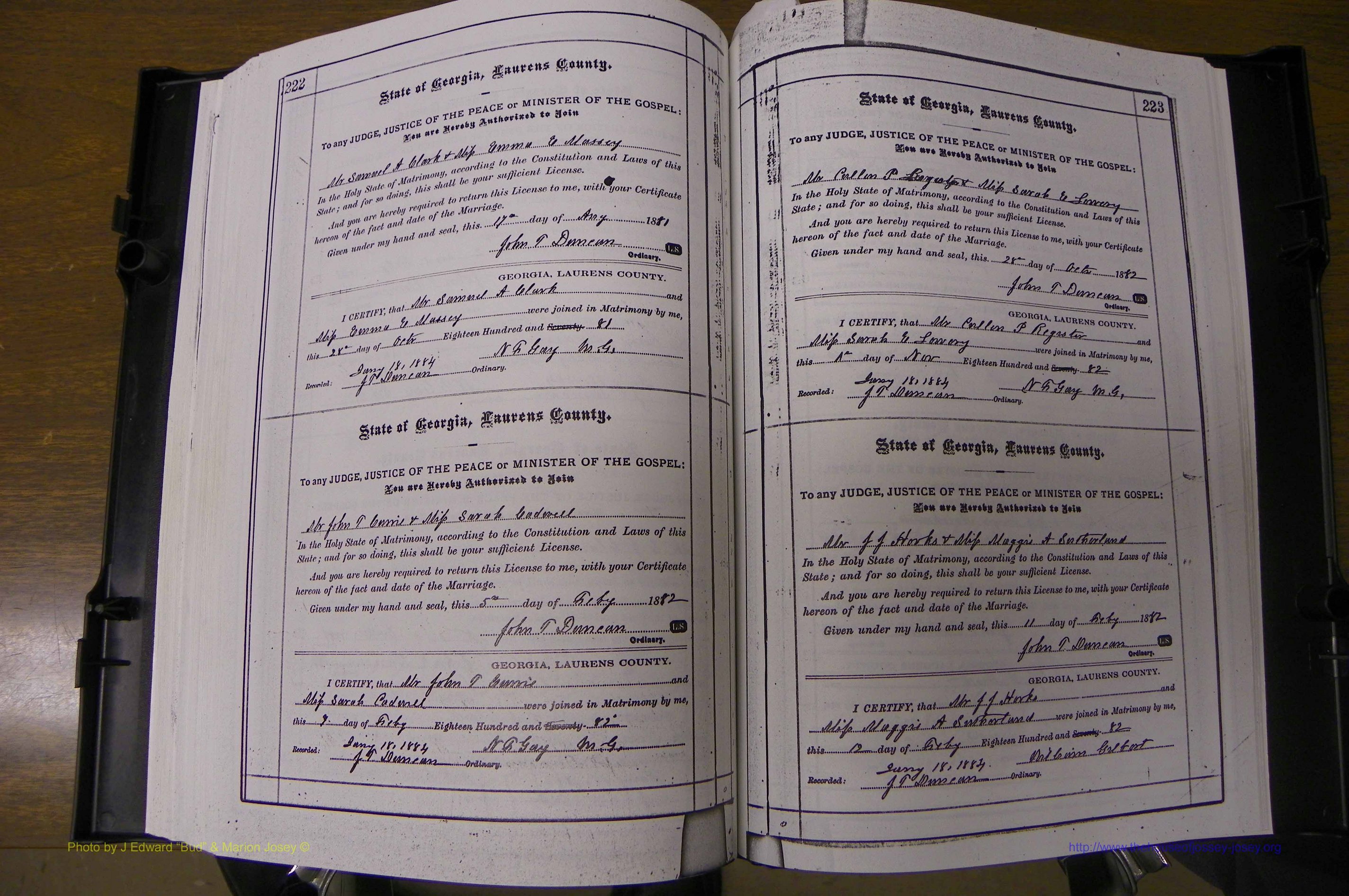 Laurens Co, GA, Marriages 1879 - 1886, P 222-223.JPG