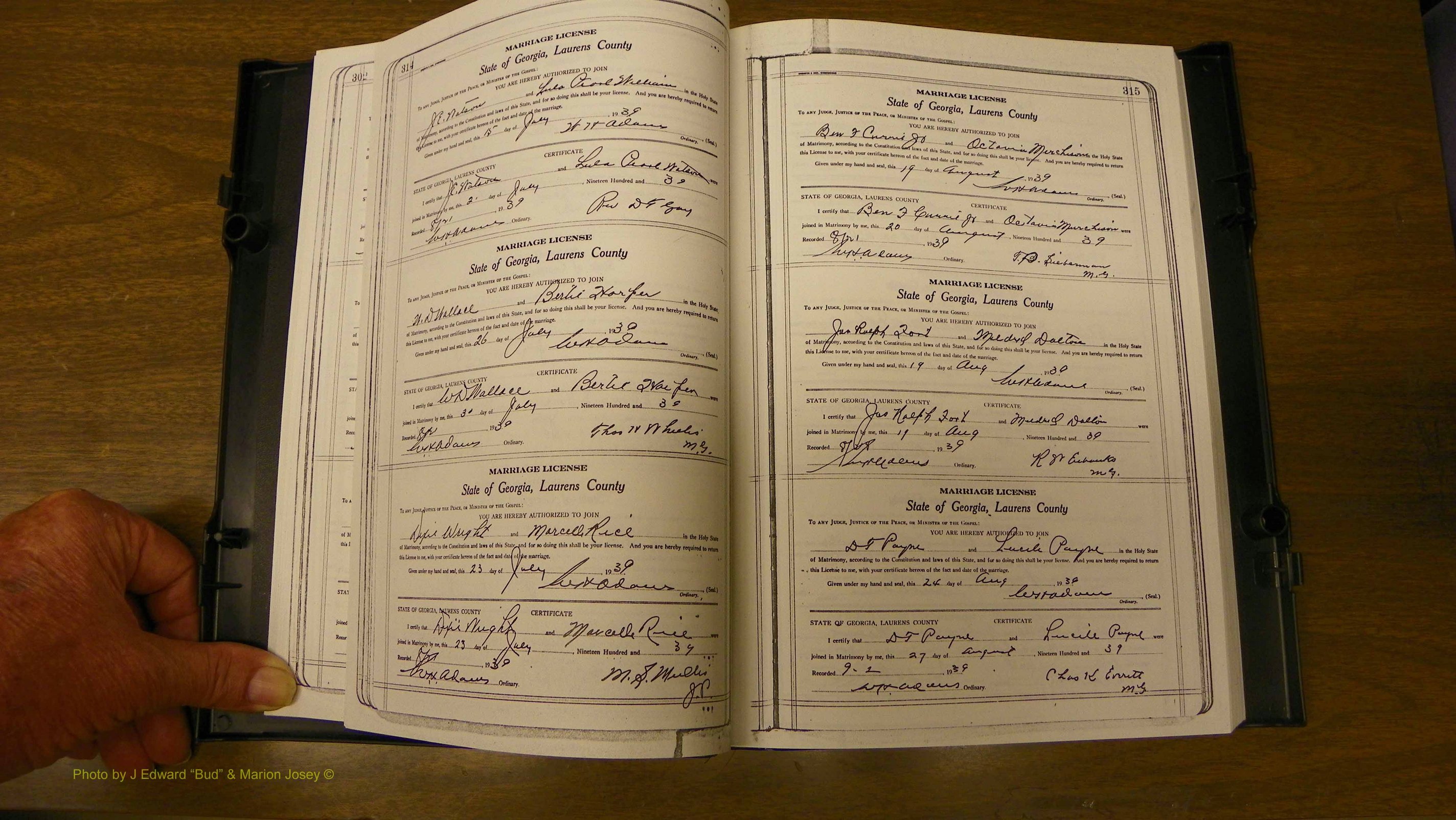 Laurens Co, GA, Marriages Book U, 1934 - 1944, White, P 314-315.JPG