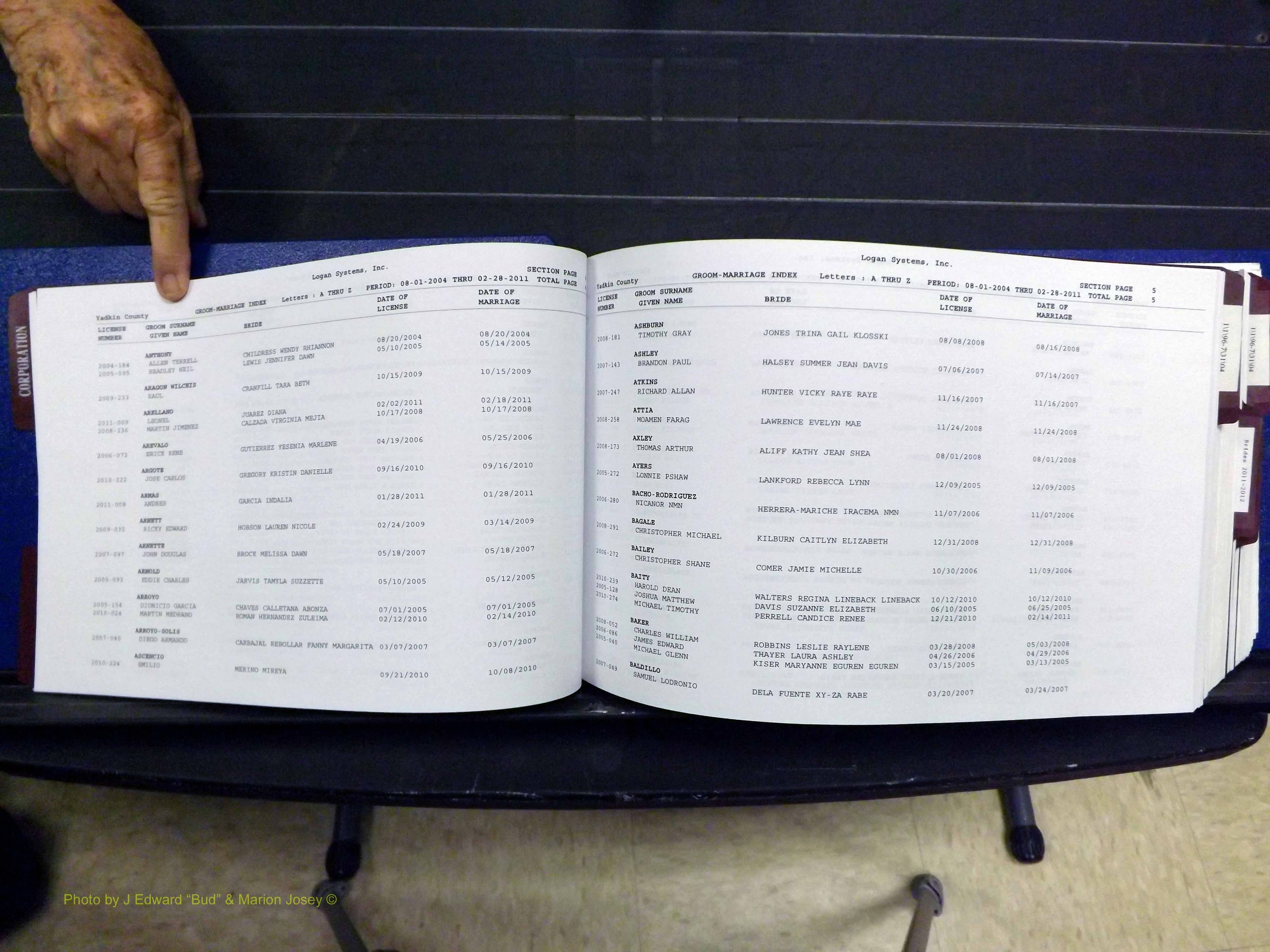 Yadkin Co, NC, Marriages, Male & Female, 1996-2012 (126) .JPG
