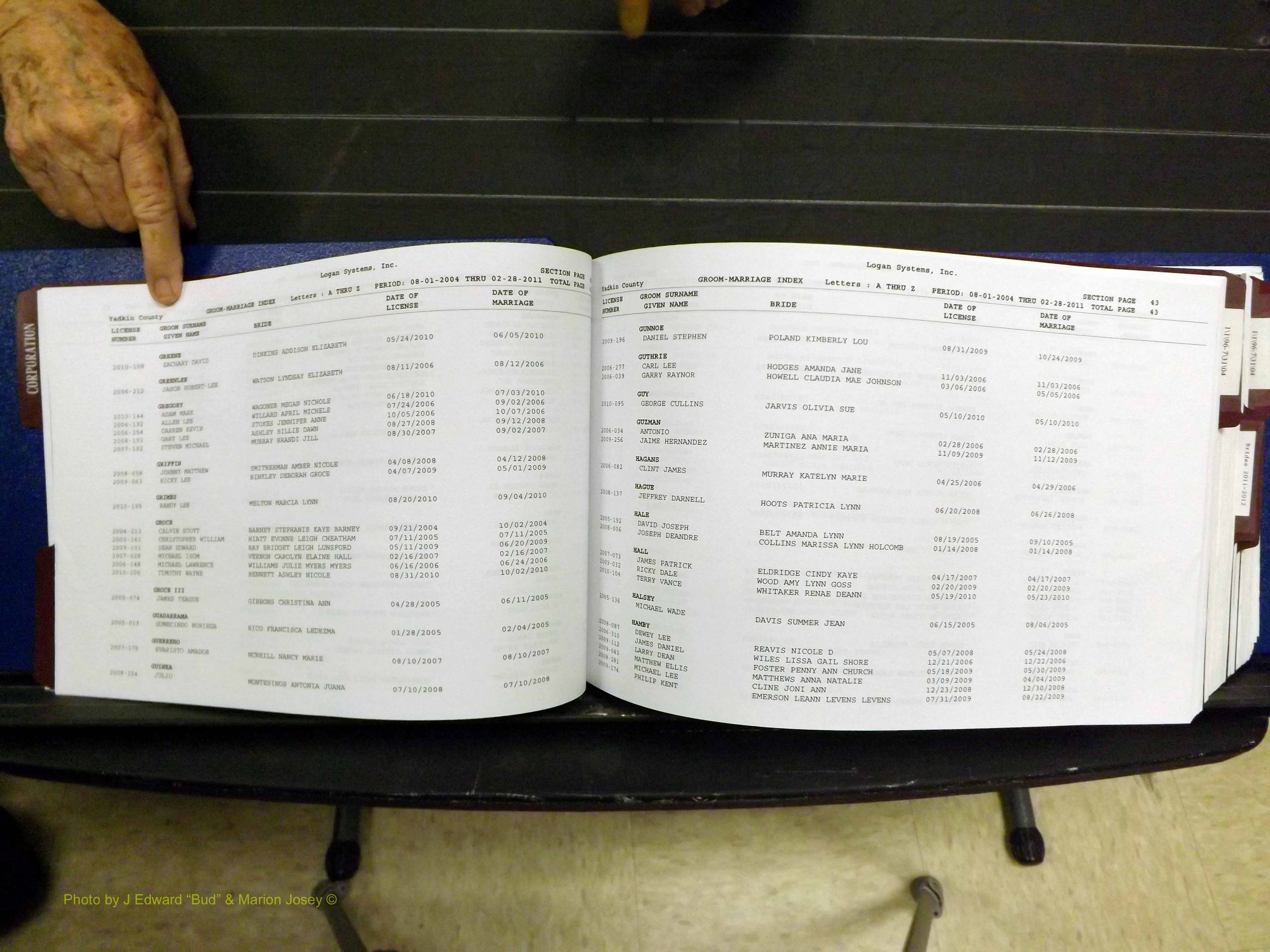 Yadkin Co, NC, Marriages, Male & Female, 1996-2012 (145) .JPG