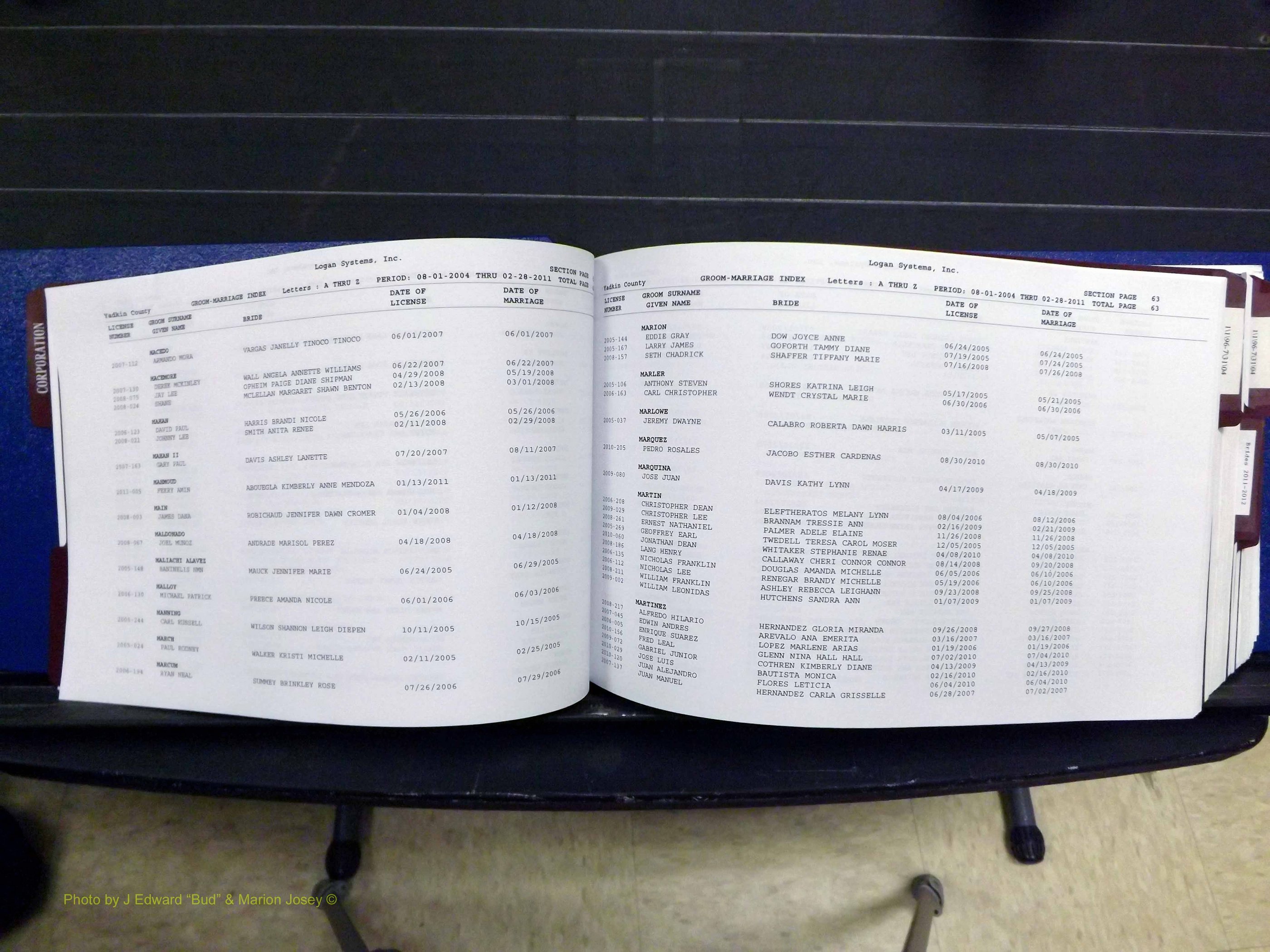 Yadkin Co, NC, Marriages, Male & Female, 1996-2012 (155) .JPG