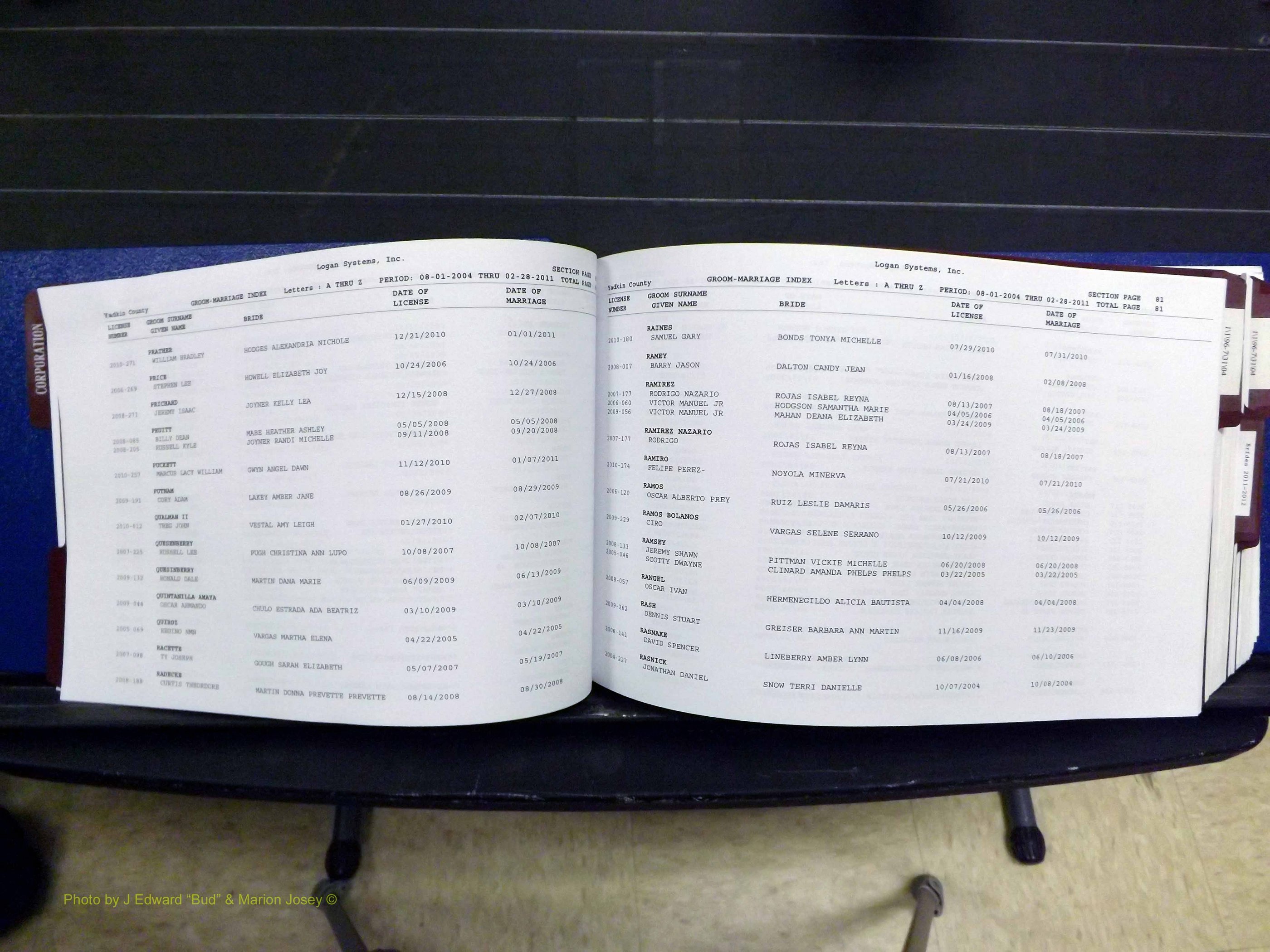 Yadkin Co, NC, Marriages, Male & Female, 1996-2012 (164) .JPG