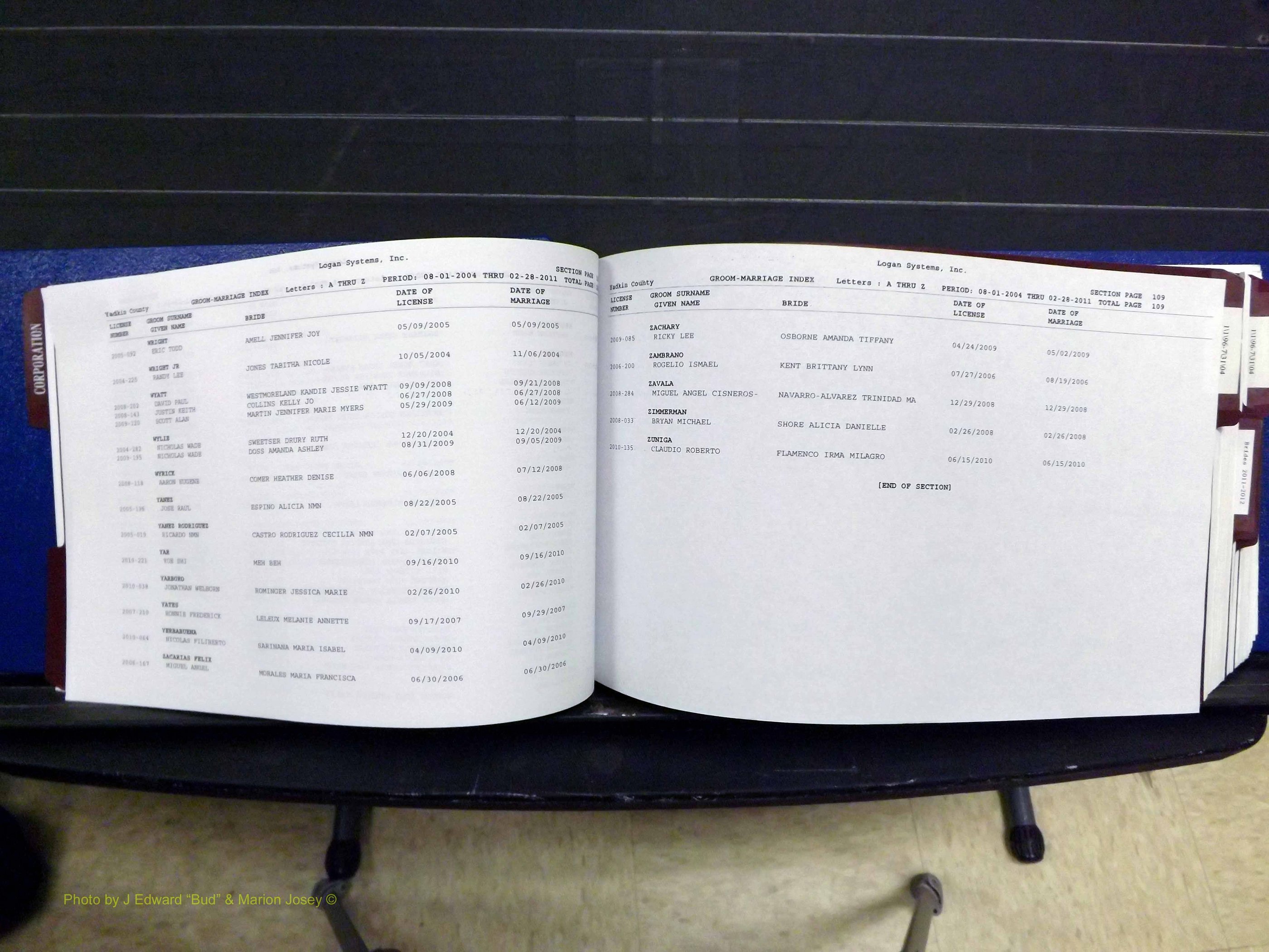 Yadkin Co, NC, Marriages, Male & Female, 1996-2012 (178) .JPG