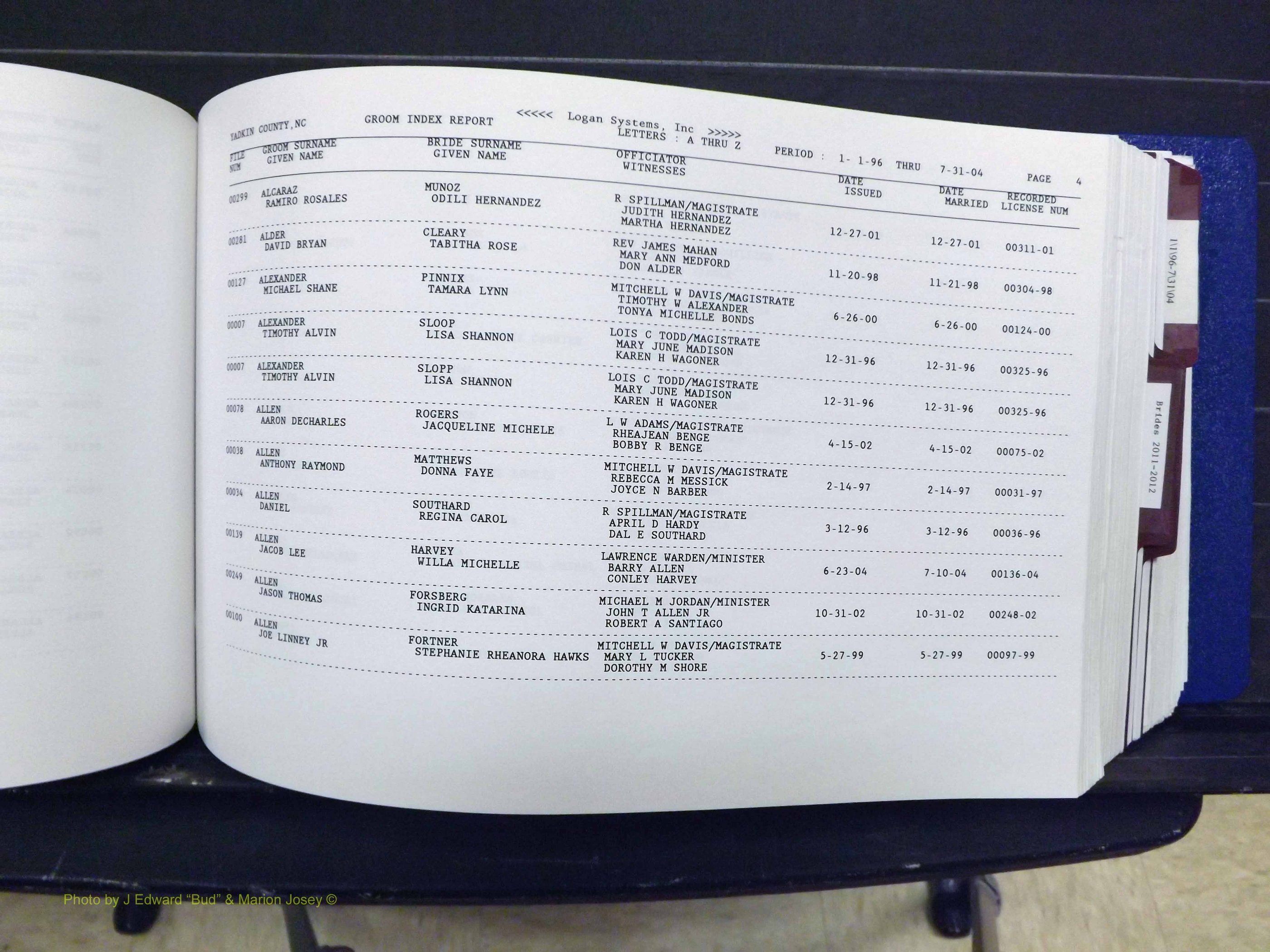 Yadkin Co, NC, Marriages, Male & Female, 1996-2012 (183) .JPG