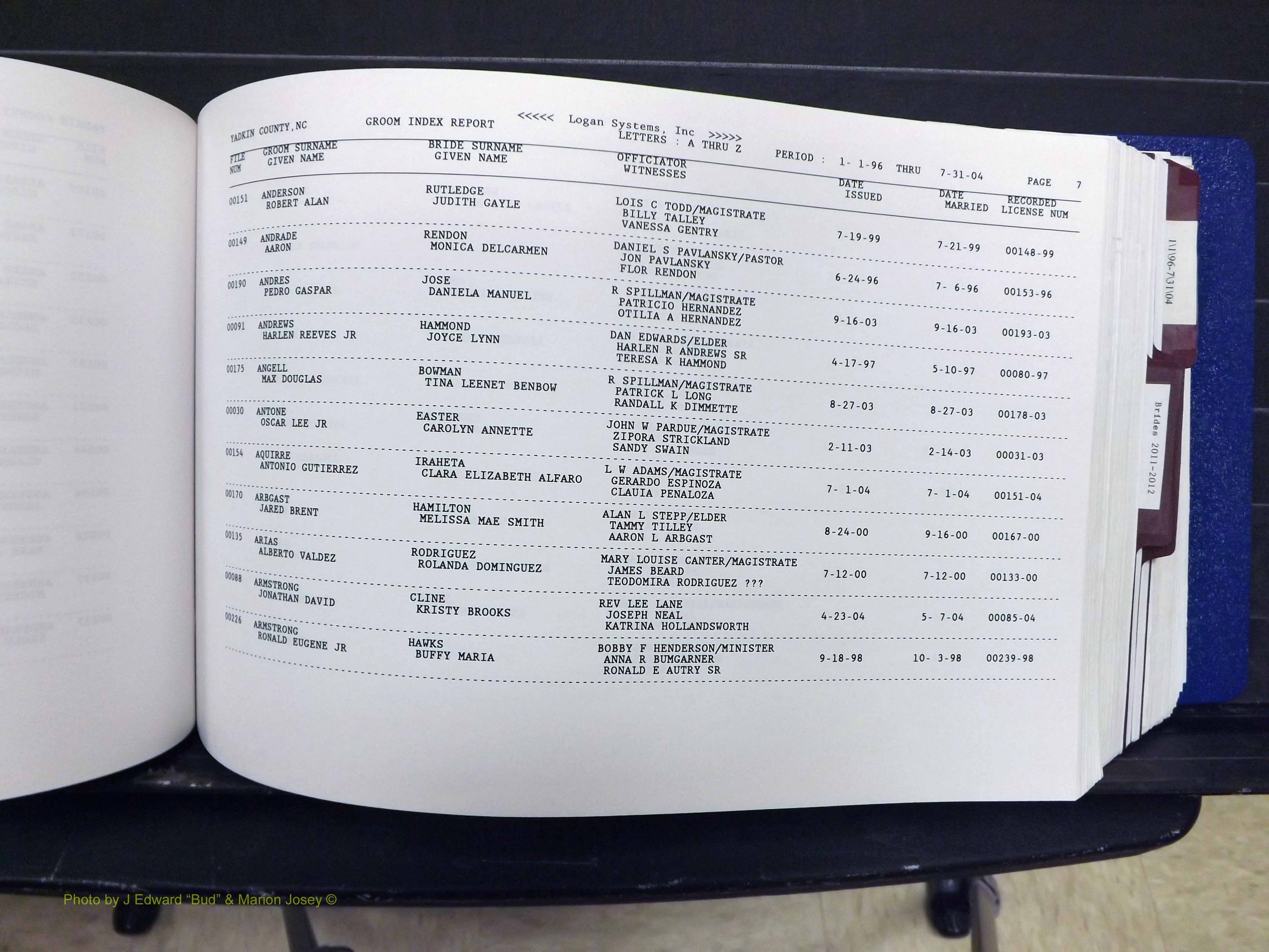 Yadkin Co, NC, Marriages, Male & Female, 1996-2012 (186) .JPG