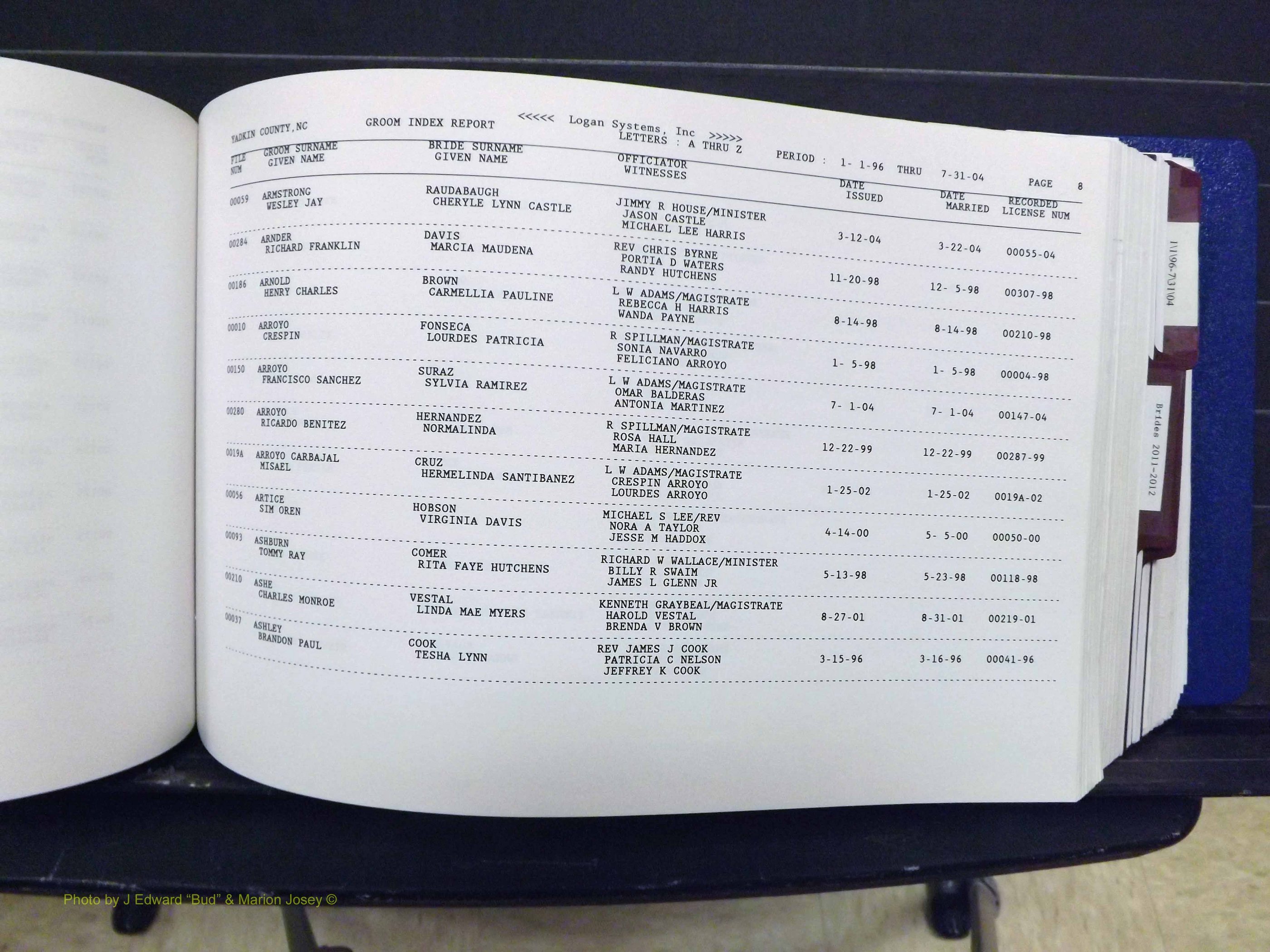 Yadkin Co, NC, Marriages, Male & Female, 1996-2012 (187) .JPG