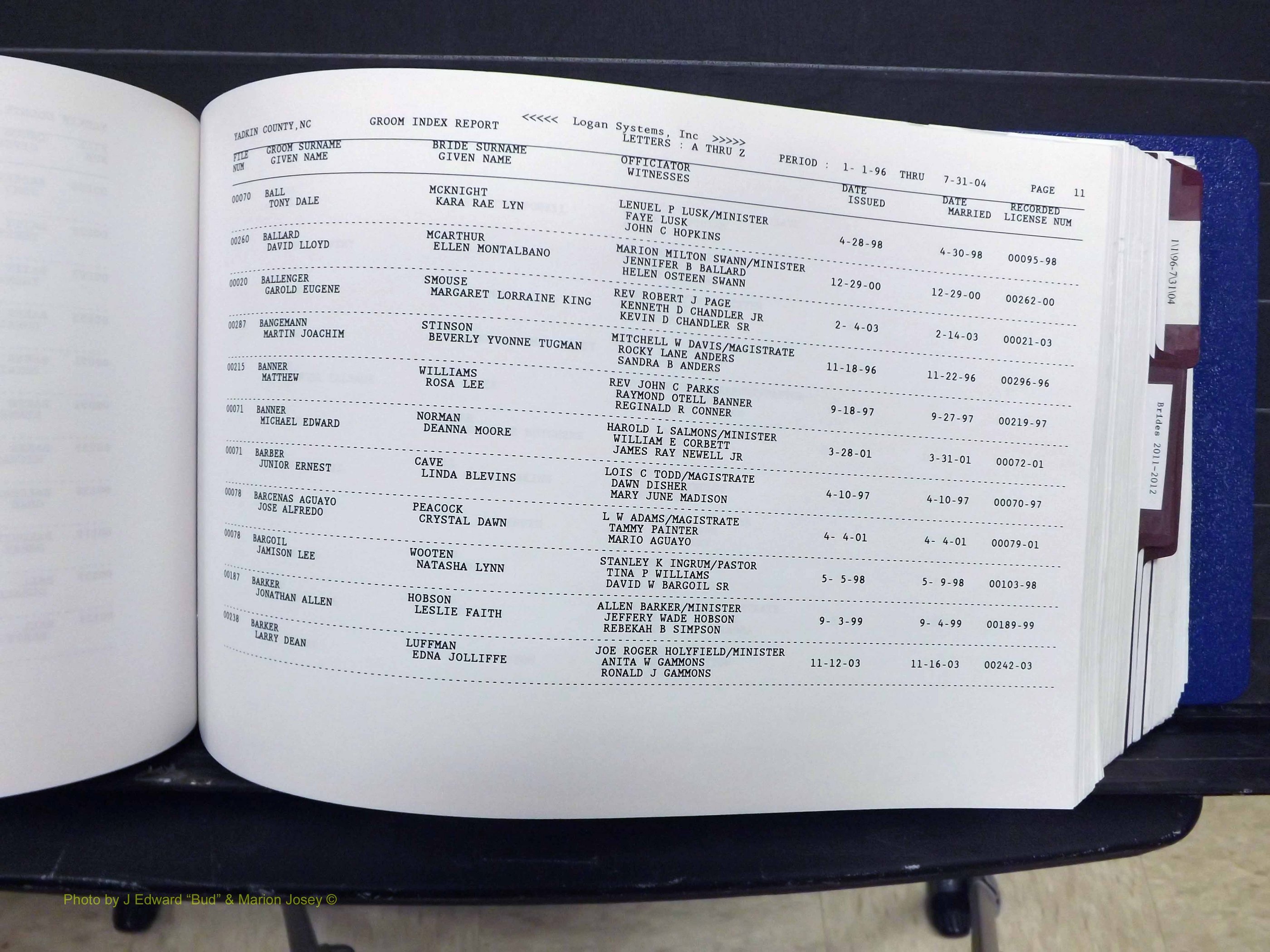 Yadkin Co, NC, Marriages, Male & Female, 1996-2012 (190) .JPG