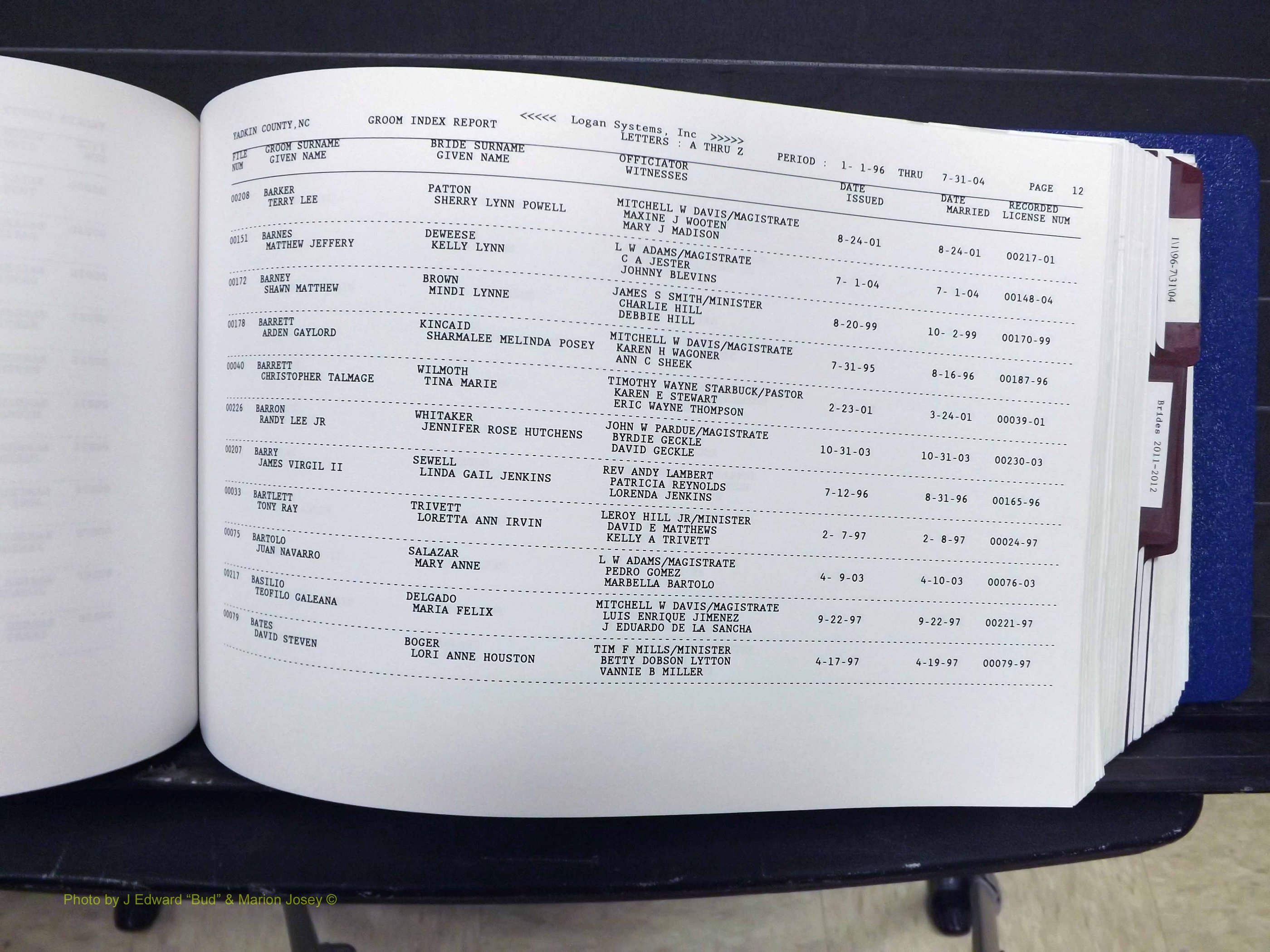 Yadkin Co, NC, Marriages, Male & Female, 1996-2012 (191) .JPG