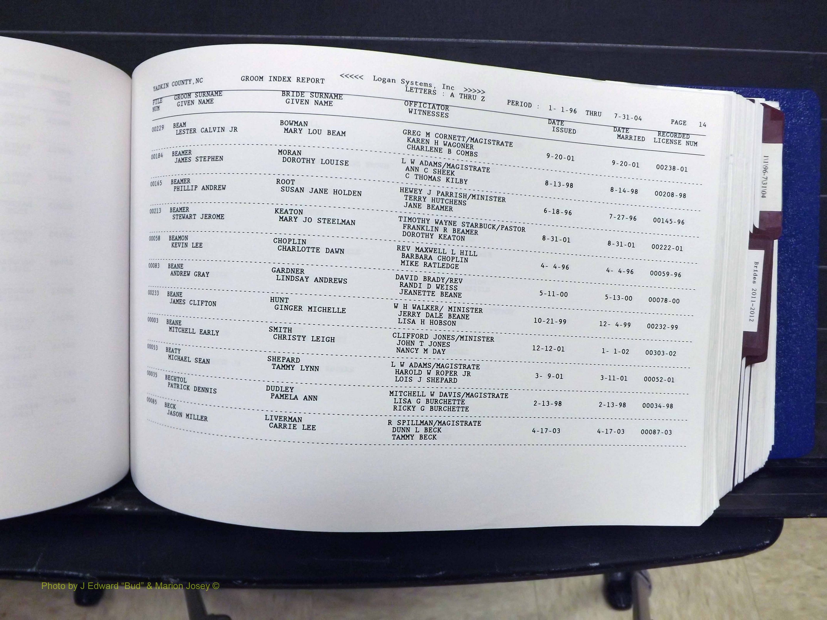 Yadkin Co, NC, Marriages, Male & Female, 1996-2012 (193) .JPG