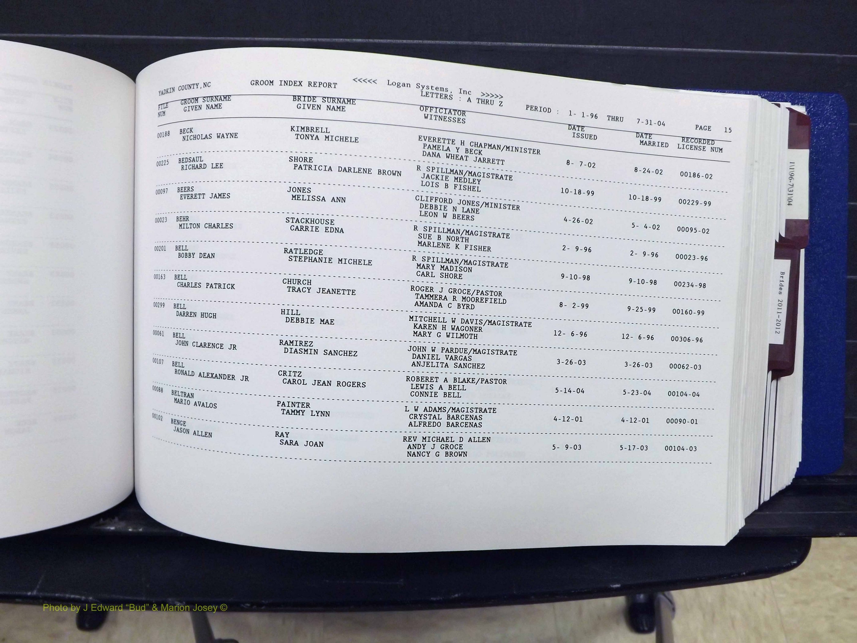 Yadkin Co, NC, Marriages, Male & Female, 1996-2012 (194) .JPG